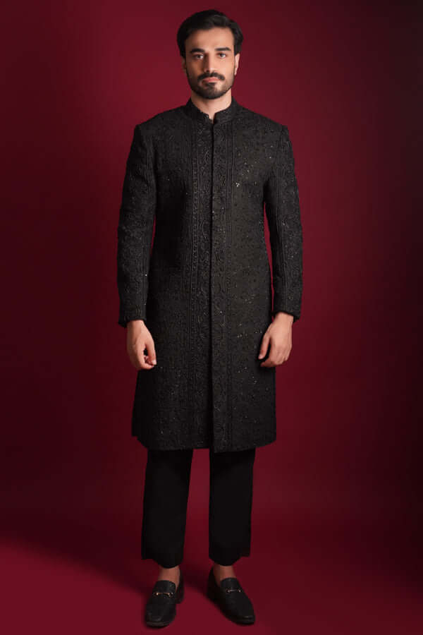 Elegant Jet Black Persian Zardozi Embroidered Sherwani for Men | Traditional Indian Wedding Attire | Perfect for Grooms, Festivals & Special Occasions
