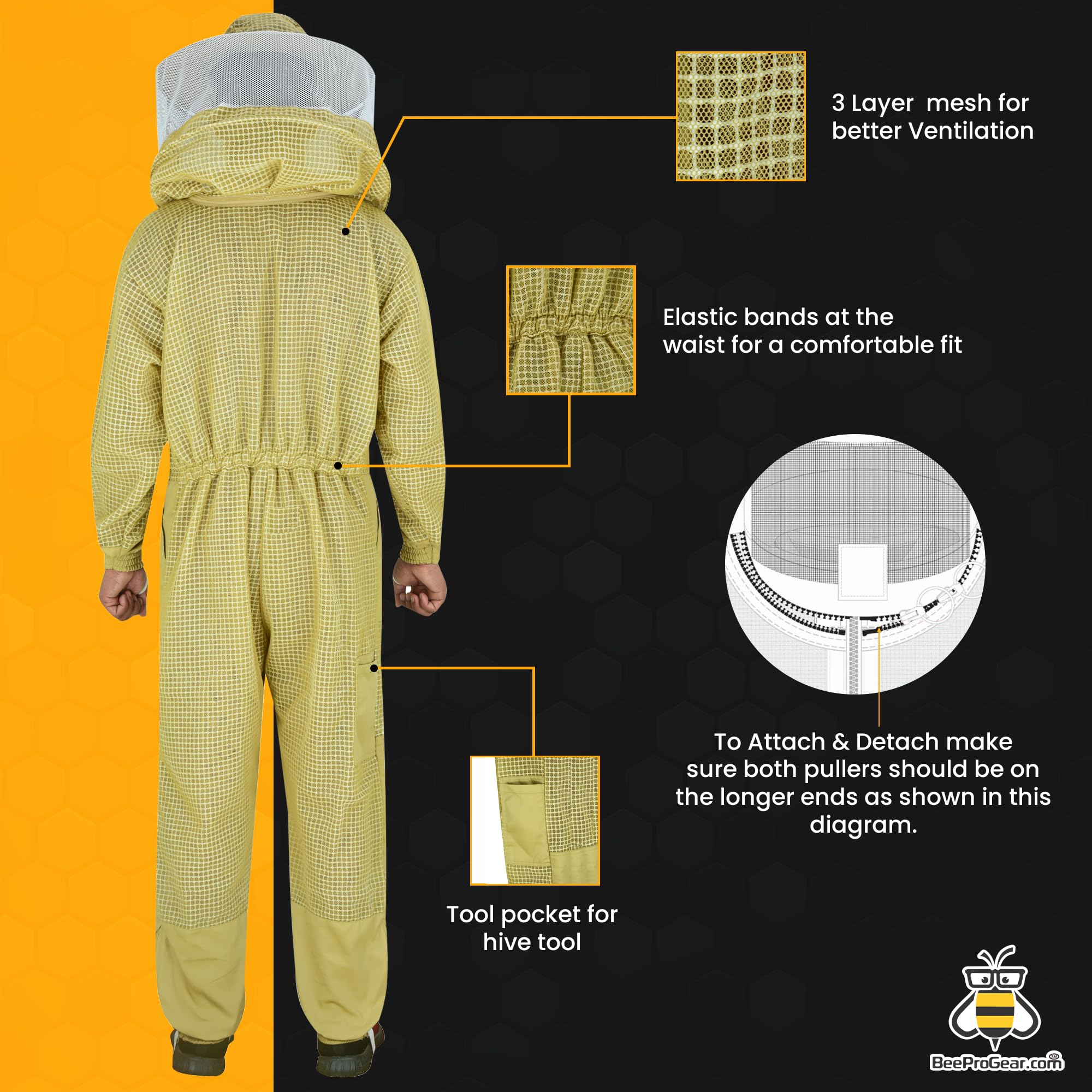 BeeProGear 3-Layer Ultra Ventilated Mesh Beekeeping Suit with Round Veil - Sting-Proof Beekeeping Jacket & Pants Set with Leather Gloves & Storage Bag (Medium Brown) | Professional Beekeeping Gear for Men & Women | Ideal for Honey Harvesting, Hive Inspection & Apiary Work