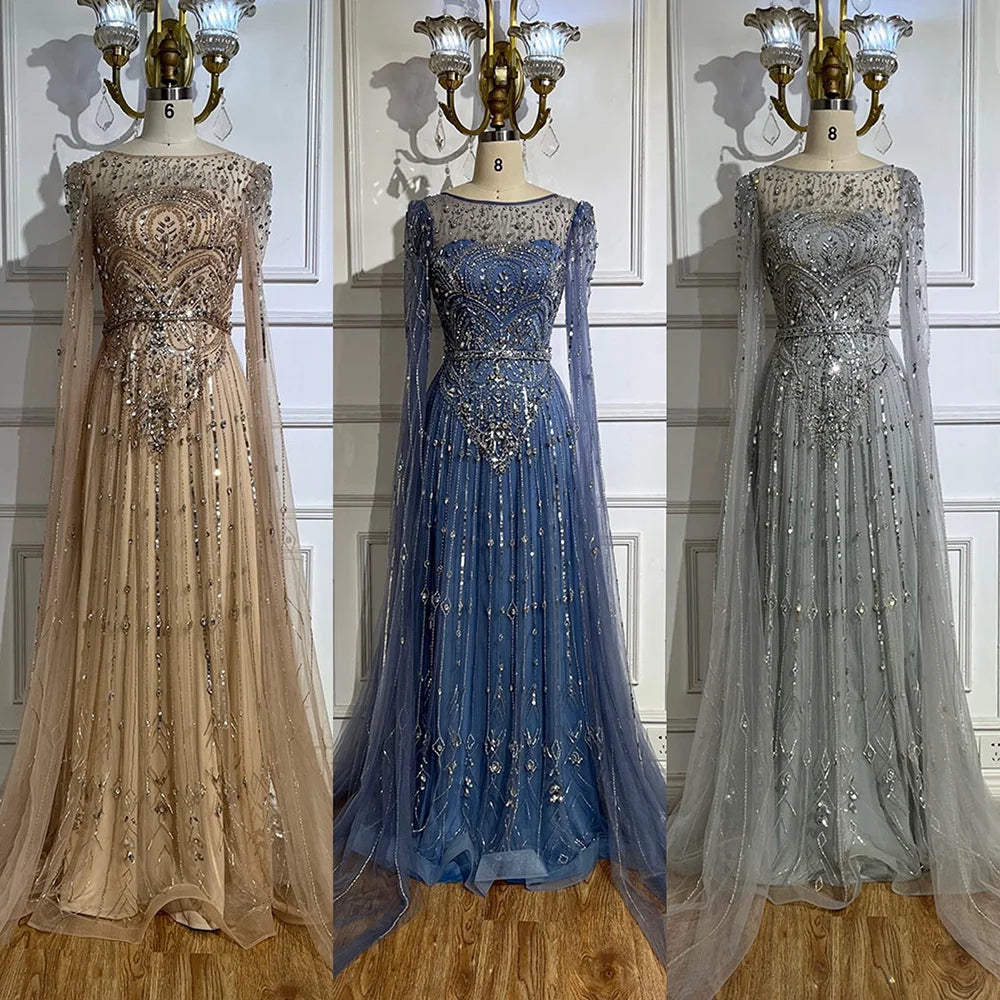 Luxury Designer Blue Beaded Stone Arabic Evening Dress with Cape Sleeve LA72635 - Elegant Formal Gown for Weddings, Galas & Special Occasions