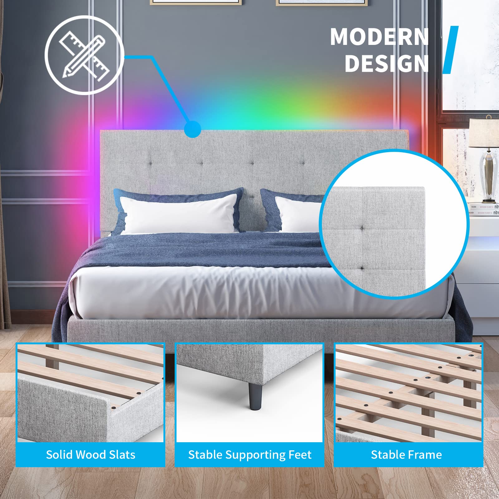 Full Size Bed Frame with Smart RGB LED Lights - Button Tufted Upholstered Platform Bed with Adjustable Headboard, Linen Fabric, No Box Spring Needed (Light Grey) - Perfect for Modern Bedrooms, Gaming Rooms & Teen Rooms