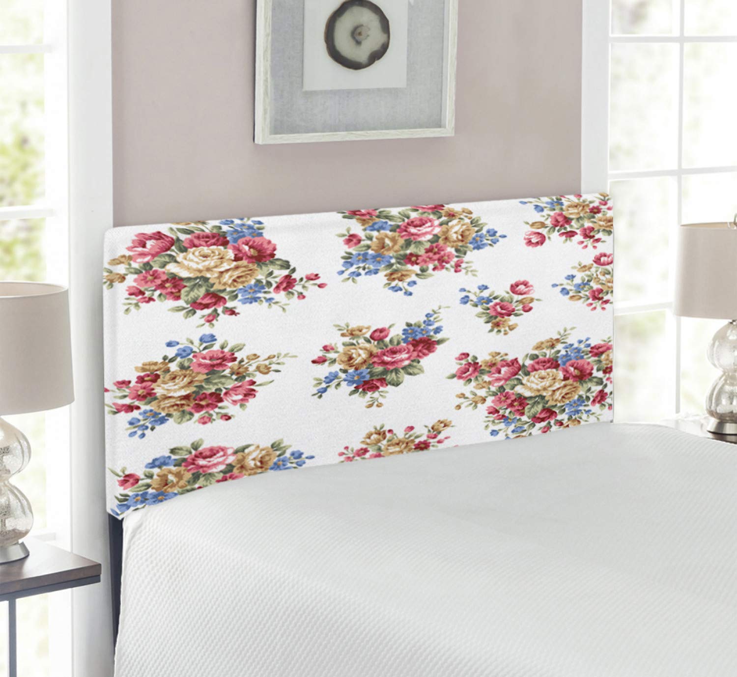 Ambesonne Floral Headboard - Vintage Rose Bouquet Upholstered Metal Bed Frame with Memory Foam, Twin Size, Dark Coral Blue Tan - Perfect for Romantic Bedrooms, Wedding Guest Rooms & Vintage Home Decor