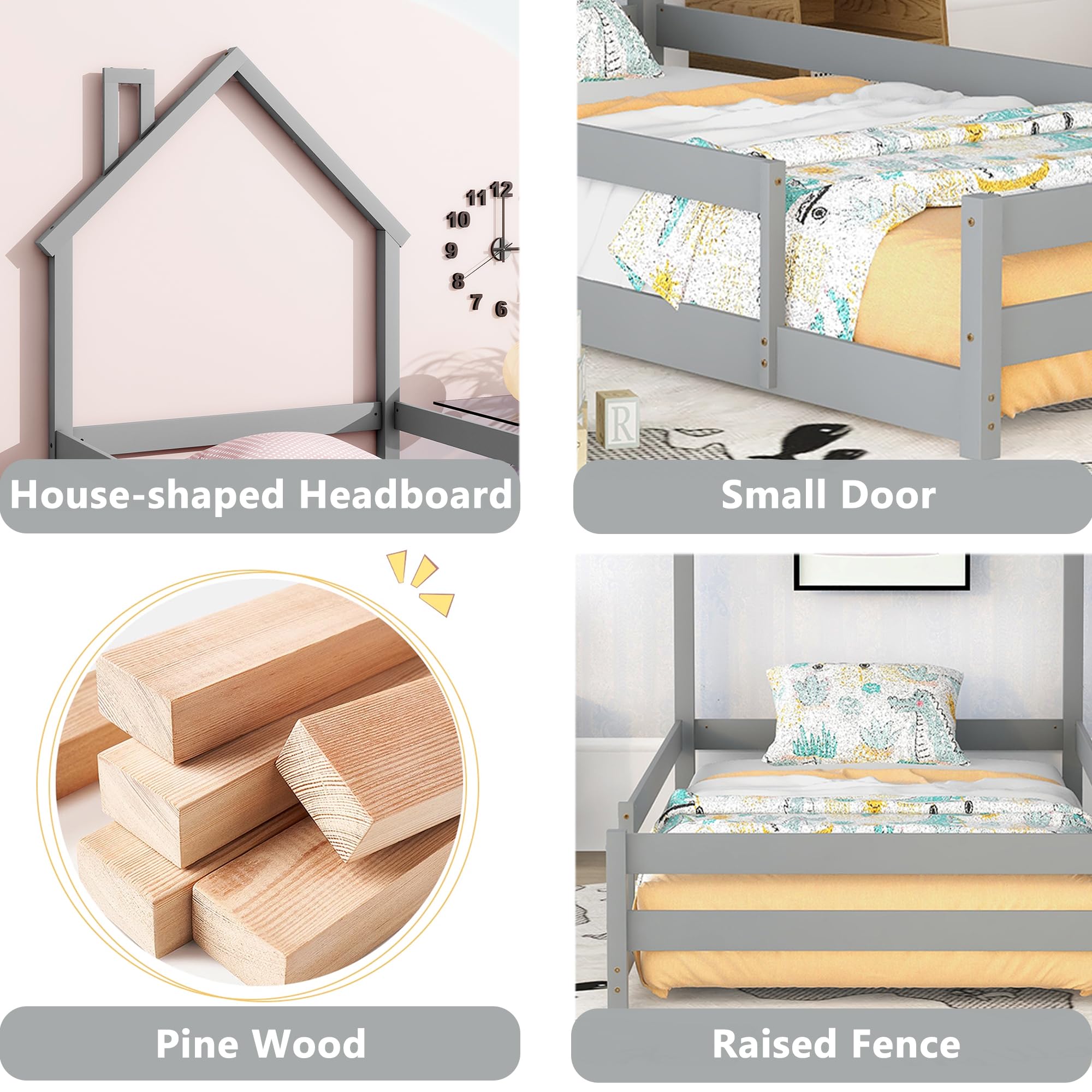 Bellemave Twin Size Wooden Montessori House-Shaped Headboard Floor Bed with Safety Fences for Kids - Gray Toddler Bed Frame for Girls & Boys | Perfect for Montessori Bedrooms, Playrooms & Safe Toddler Sleep Spaces