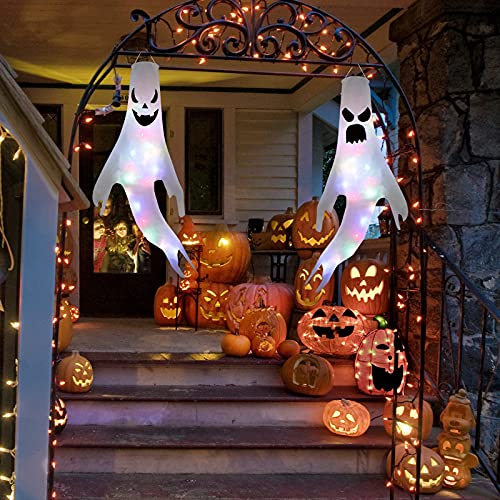 2 Pack Halloween Glowing LED Hanging Flags - Outdoor Ghost Windsocks Decor with Lights for Yard, Porch, Party - Spooky Indoor & Outdoor Halloween Decorations for Home, Garden, Haunted House Theme
