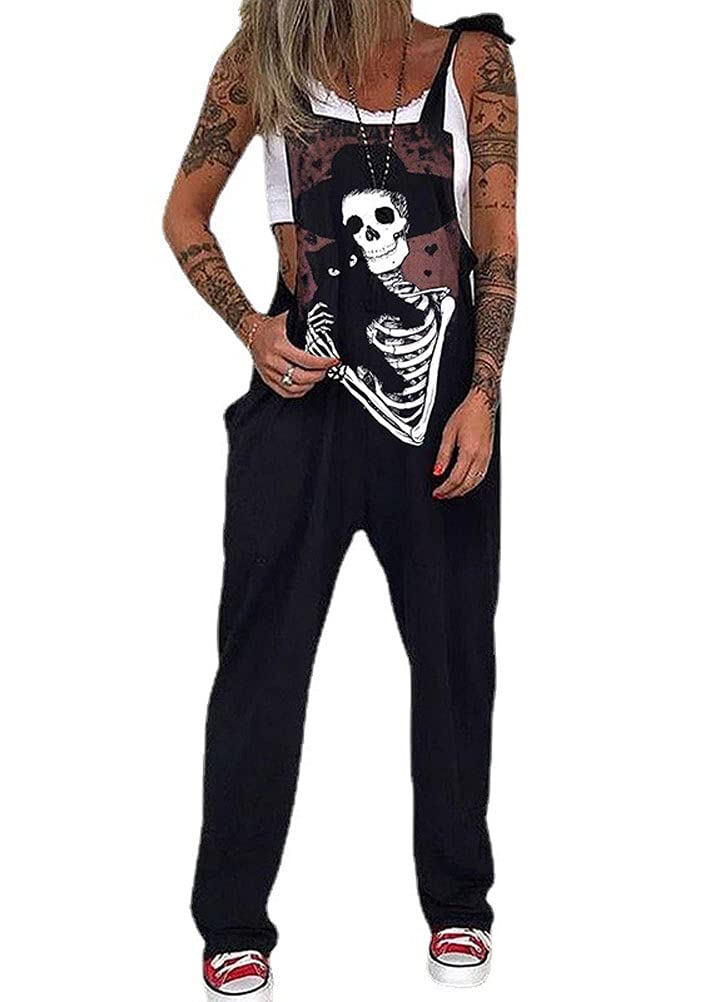 PAODIKUAI Women's Casual Skull Print Overalls - Loose Fit Romper Jumpsuit with Pockets | Streetwear Fashion, Summer Outfits, Festival Wear