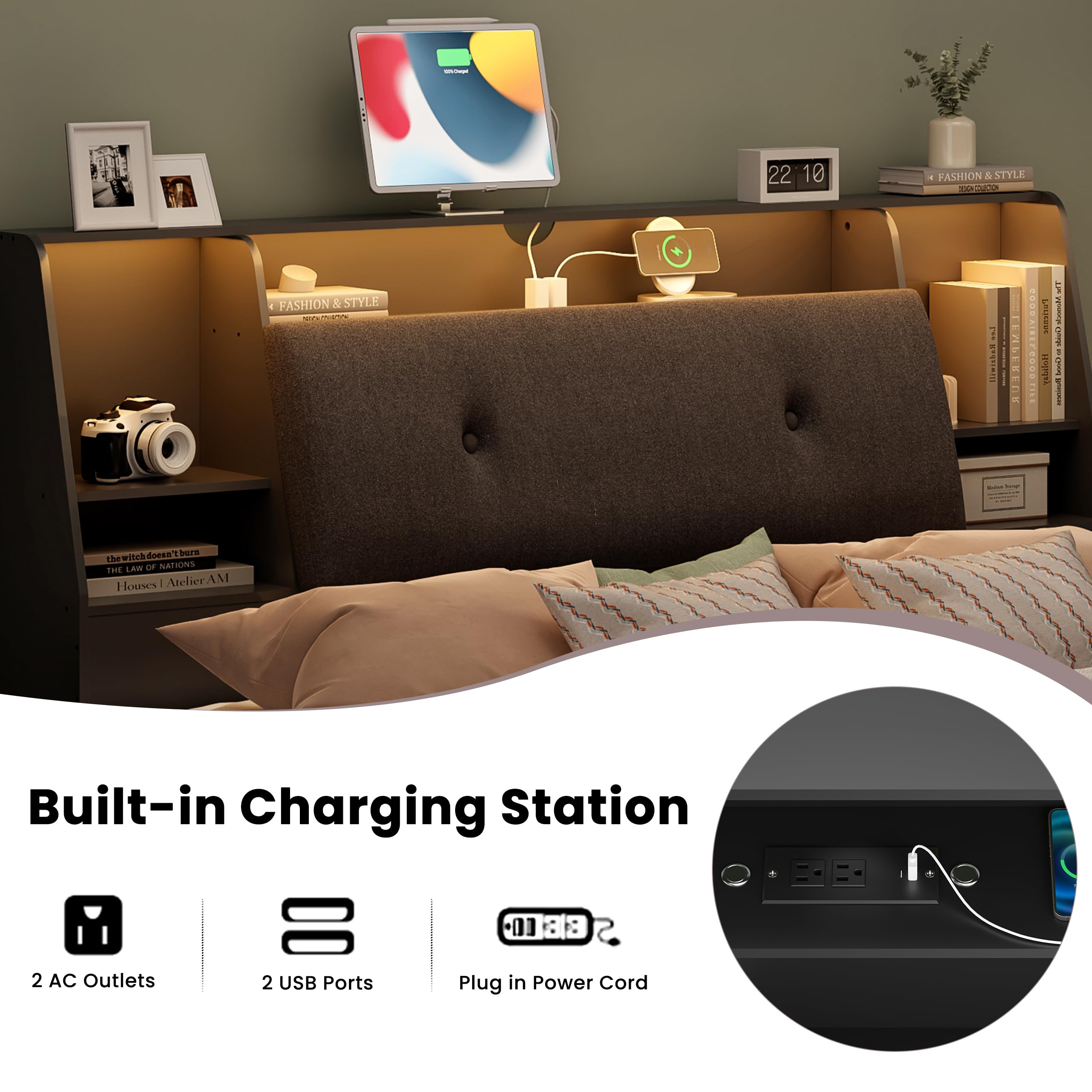 Queen Size Upholstered Headboard with Storage, USB Charging Station & 2 LED Lights - Wood Bookcase Design for Bedroom (Black, Soft Fabric) - Perfect for Master Bedrooms, Guest Rooms & Small Spaces with Limited Storage