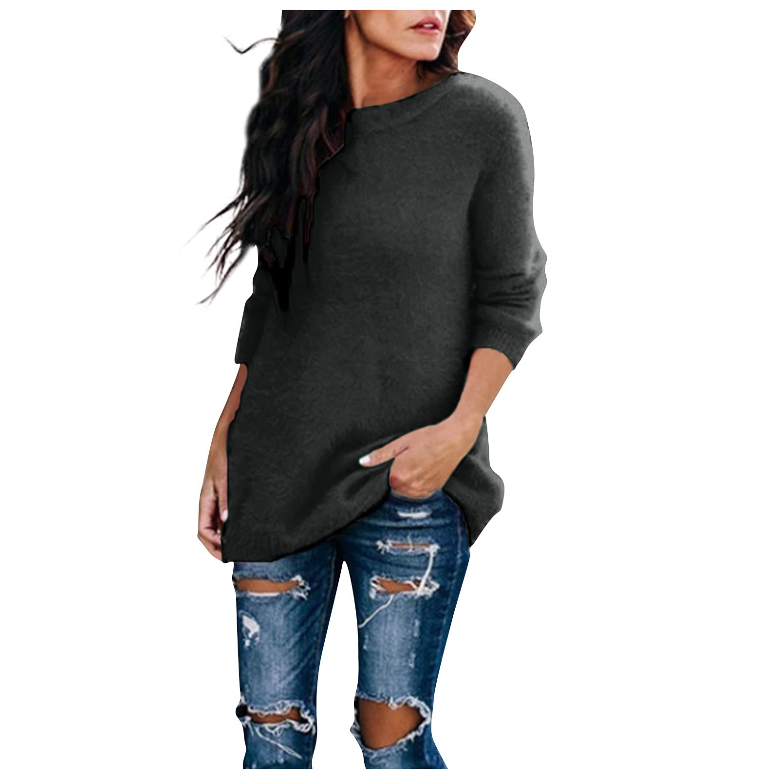 HUANKD Women's Long Sleeve Summer Cotton Knit Top - Round Neck Casual Pullover Sweater - White Loose Fit Blouse for Work, Travel & Daily Wear