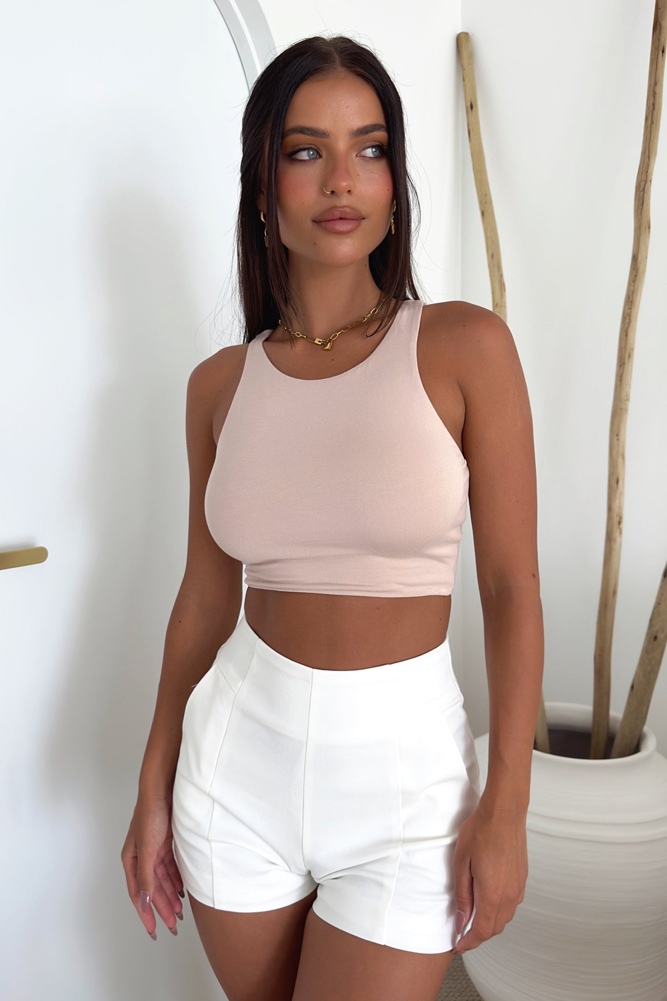 Liani Beige Crop Top - Women's Fashion Casual Short Shirt for Summer Outfits, Beachwear, and Street Style