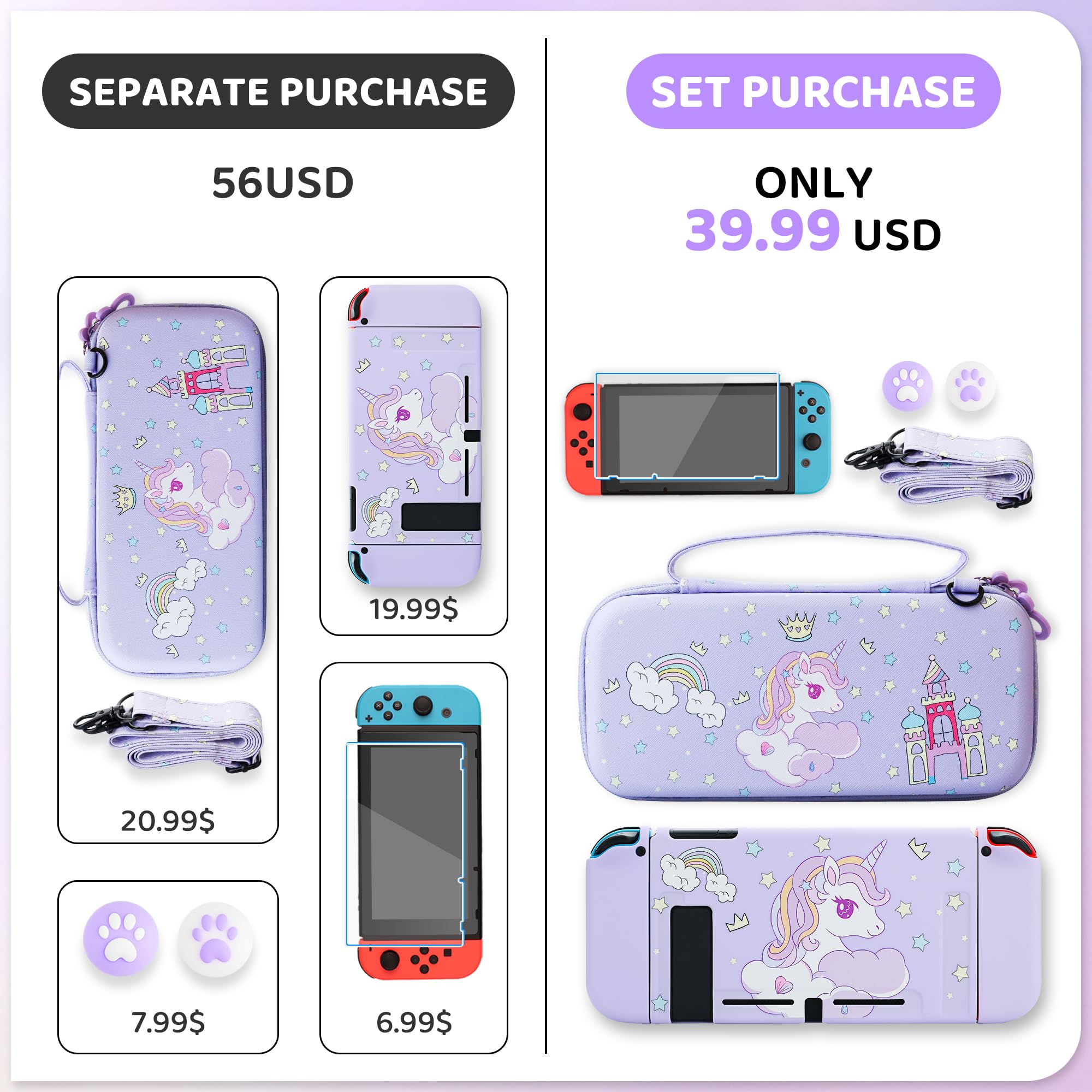 **RHOTALL Nintendo Switch Carrying Case Set - Purple Protective Storage Case with Screen Protector, Adjustable Shoulder Strap & 2 Thumb Caps - Perfect for Travel, Gaming On-The-Go & Switch Accessories Organization**
