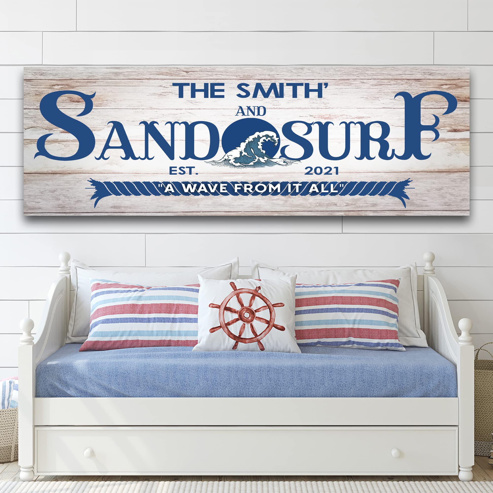 Personalized Coastal Beach Sign Wall Decor - Large Rustic White Wood Canvas Art for Home, Living Room, Bedroom & Porch - 36x12 Inch Sand & Surf Ocean Theme - Perfect for Beach House Decor, Coastal Interior Design & Nautical Gift Ideas