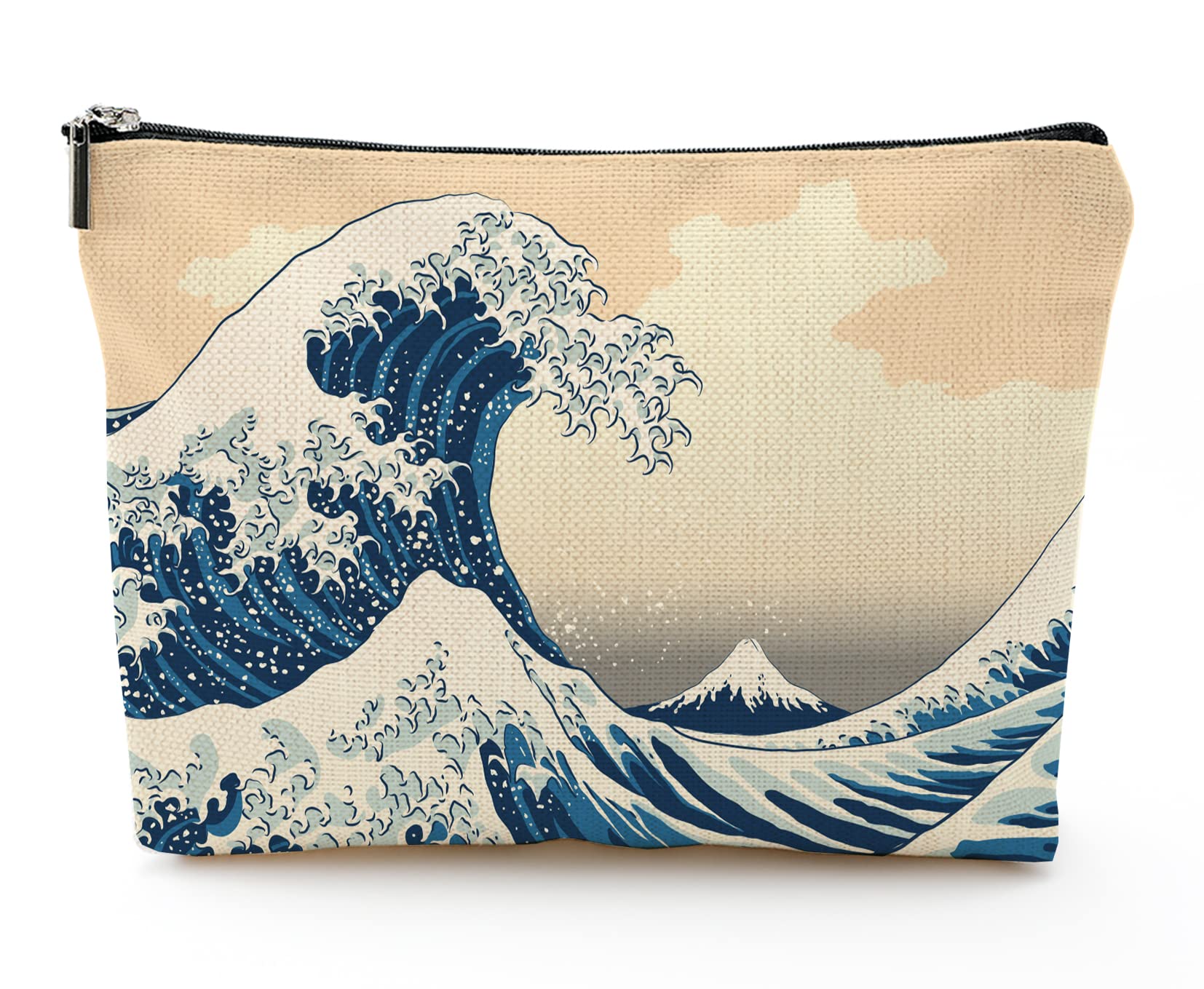 Large Travel Makeup Bag for Women - Waterproof Cosmetic Organizer with Zipper, 7x10 Inch Toiletry Pouch (Wave Japan Design) - Perfect for Vacation, Gym & Daily Essentials Storage