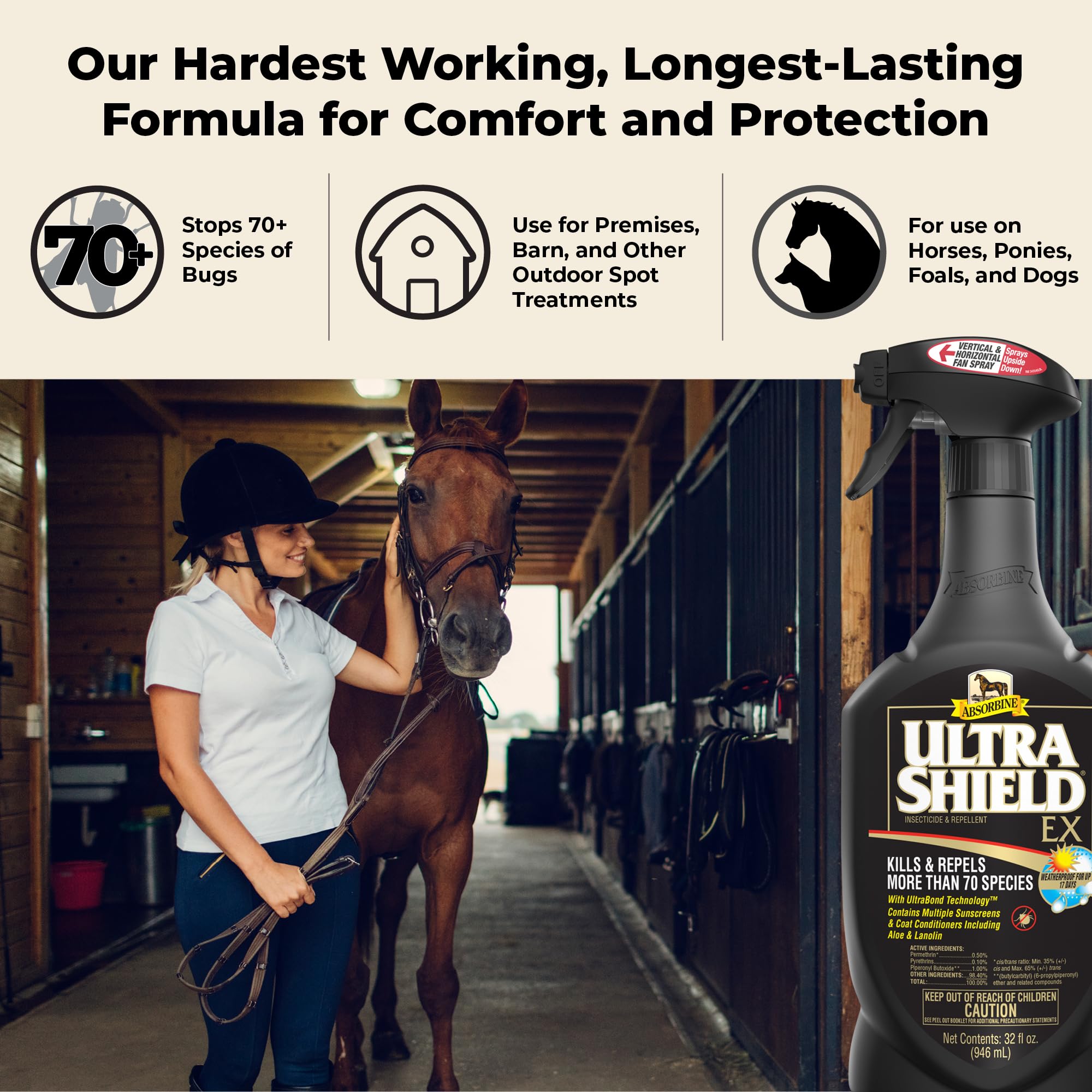 Absorbine UltraShield EX Combo 32oz Sprayer + 128oz Refill - Powerful Insecticide for Horses & Dogs | Kills & Repels Flies, Mosquitoes, Ticks, Fleas, Lice | Effective for Stables, Kennels & Outdoor Areas