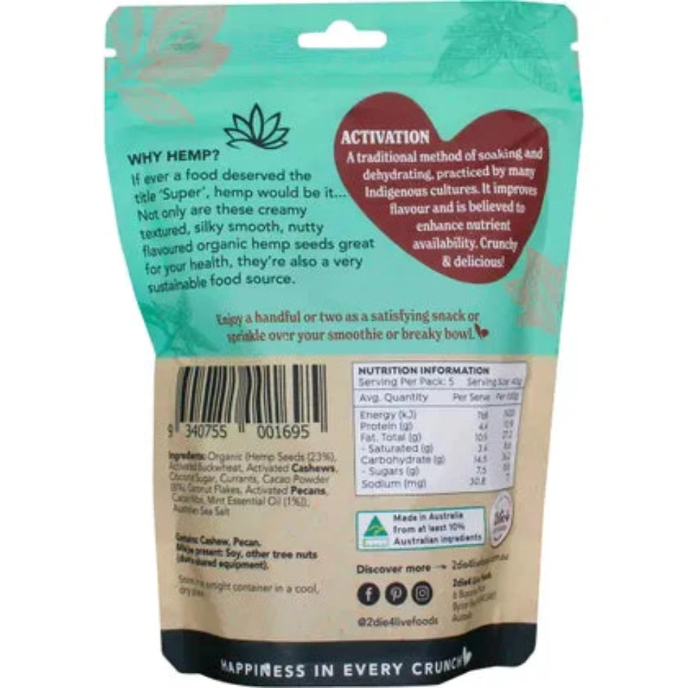 2DIE4 LIVE FOODS Hemptations Mint Chocolate 200g - Organic Hemp Seed Snacks for Energy & Focus - Perfect for Workouts, Hiking & Healthy On-the-Go Snacking