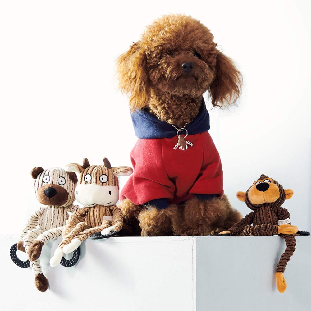 Durable Squeaky Plush Dog Toys for Teeth Cleaning - Long Leg Cute Cattle, Bear & Monkey Stuffed Animals for Small, Medium & Large Dogs - Perfect for Playtime, Training & Puppy Teething Relief