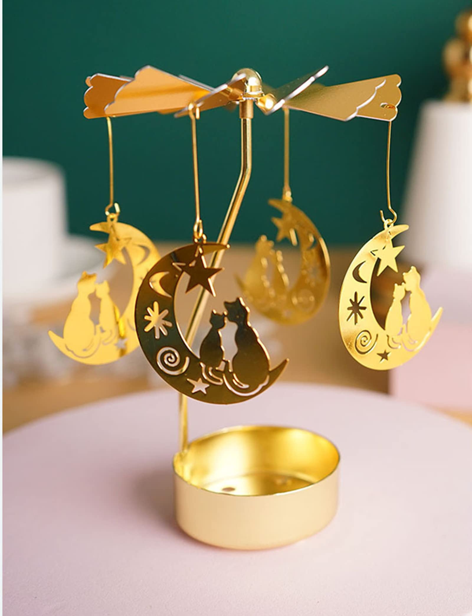 Gold Rotating Metal Tealight Candle Holder - Moon Cat Design for Christmas, Valentine's Day, Wedding & Party Table Decor | Romantic Home Decor, Centerpiece for Dining Table, Holiday Gift Idea