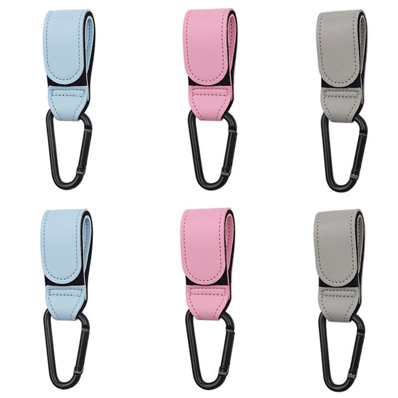 6 PCS Universal Stroller Hooks - Heavy Duty Stroller Clips for Hanging Shopping Bags, Diaper Bags & Purses - Perfect for Moms Walking, Shopping & Travel (Blue, Pink, Gray) - Keep Hands Free While Pushing Stroller or Grocery Shopping