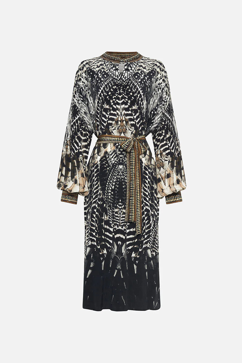 Blouson Sleeve Placket Dress - Elegant Night Owl Print Women's Fashion for Evening Parties & Date Nights
