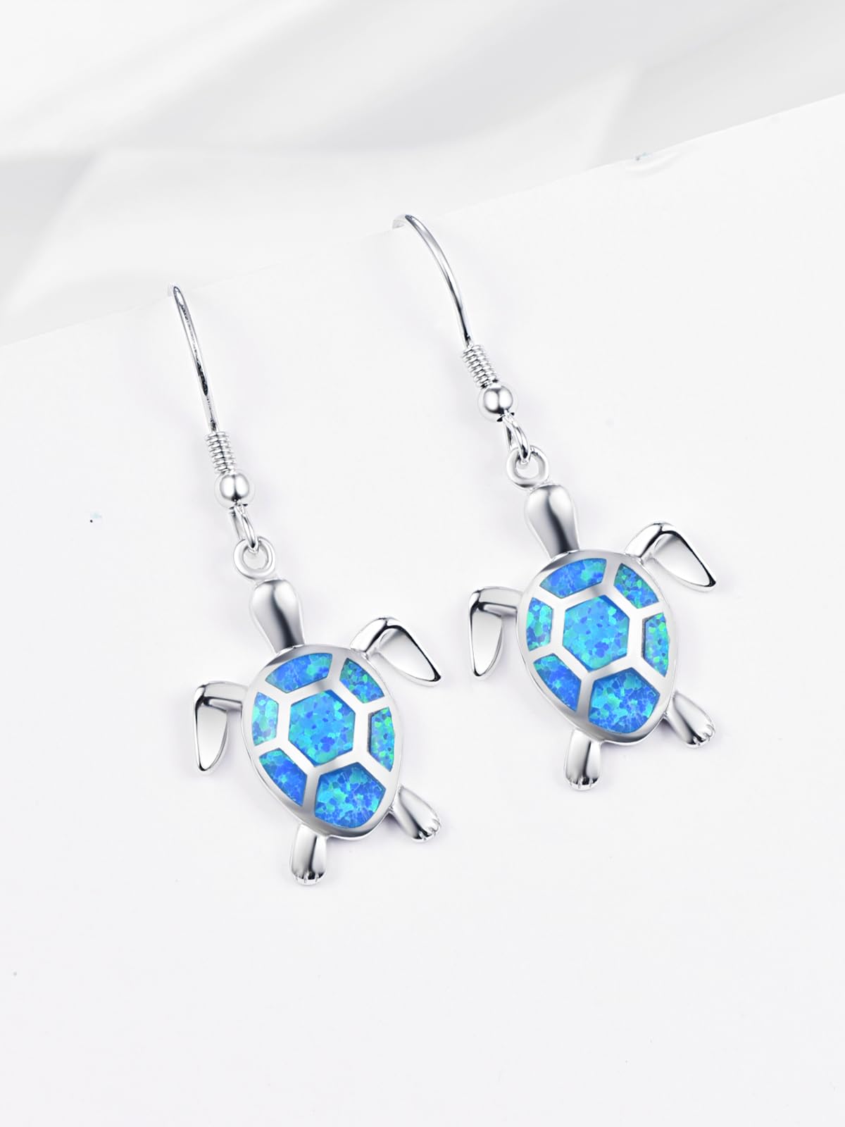 KINGWHYTE 925 Sterling Silver Turtle Dangle Earrings with Hawaiian Blue Opal - Elegant Animal Jewelry Gifts for Women | Perfect for Beach Vacations, Summer Outfits & Boho Fashion