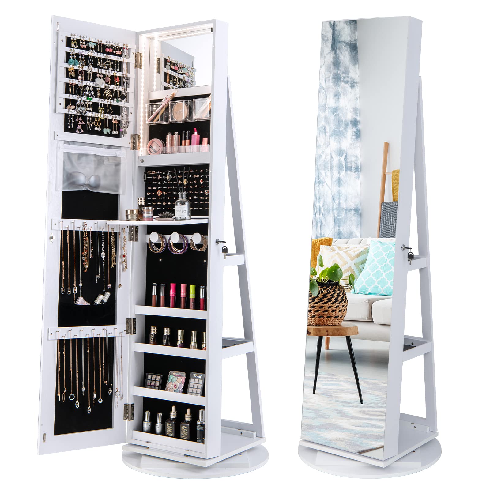 360° Swivel Jewelry Cabinet with Lock & LED Lights - Standing Jewelry Organizer with Full-Length Mirror, Rear Storage Shelves - White Jewelry Armoire for Women & Girls - Perfect for Bedroom, Dressing Room & Closet Organization
