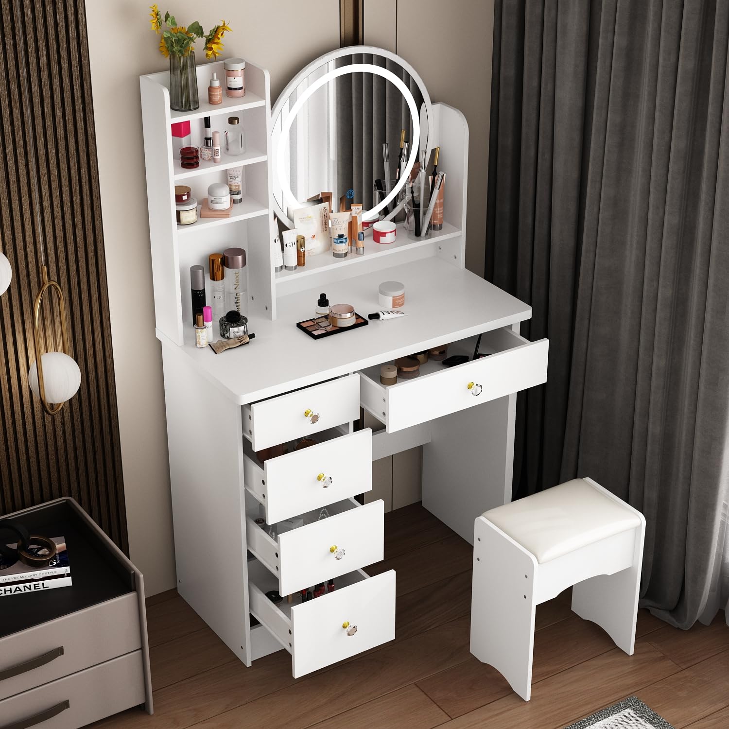 Vanity Desk Set with LED Lighted Mirror, 5-Drawer Makeup Dressing Table with Storage Shelves & Cushioned Stool - White Bedroom Furniture for Women's Beauty & Cosmetics Organization | Perfect for Small Spaces, Apartment Decor & Morning Makeup Routine