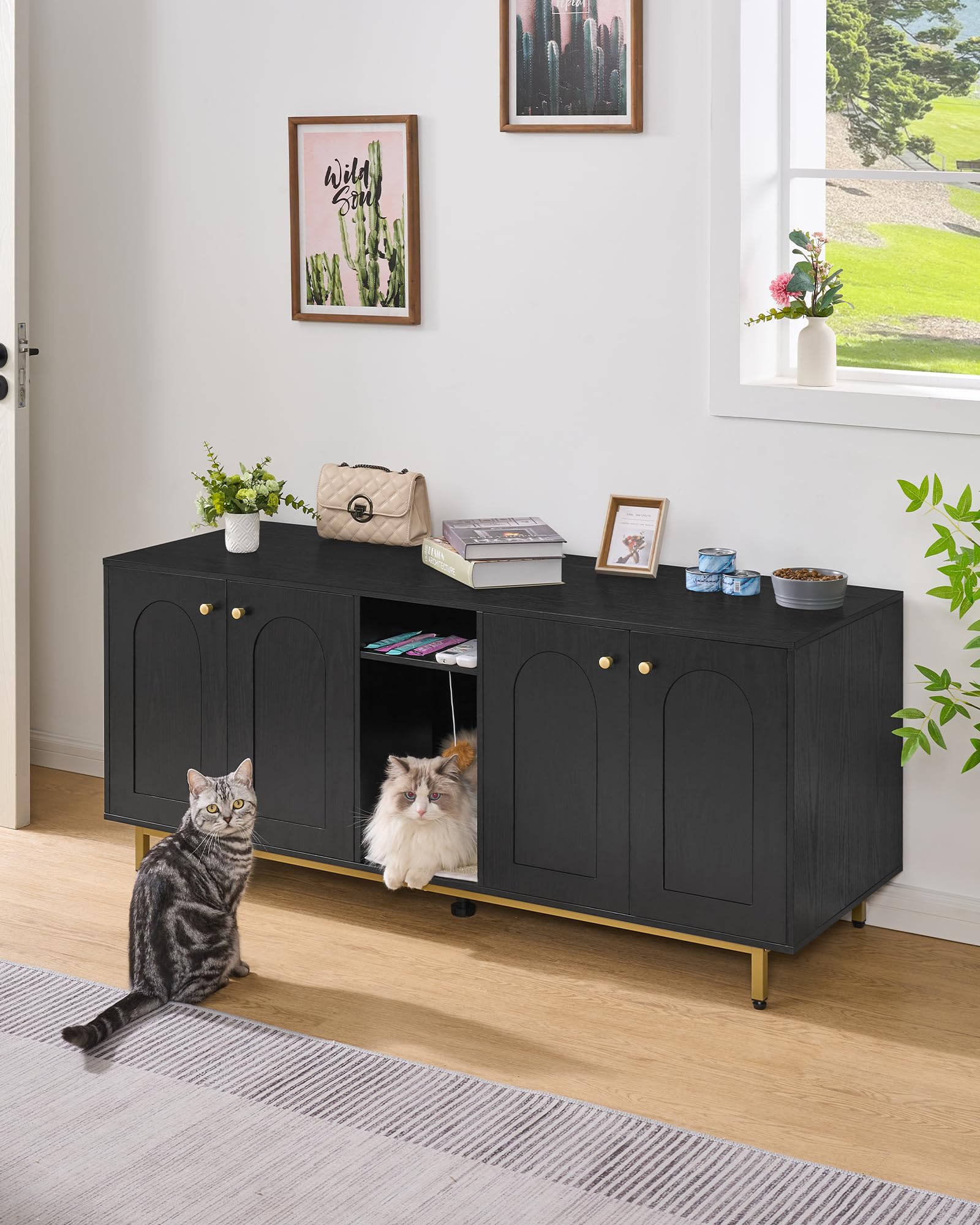 Hidden Cat Litter Box Furniture Enclosure - Wooden Pet House Side Table with Storage Cabinet, 55.2 x 19.7 x 23.9 Inches, Black & Gold CB81504A - Perfect Discreet Litter Box Solution for Living Room, Bedroom or Small Spaces