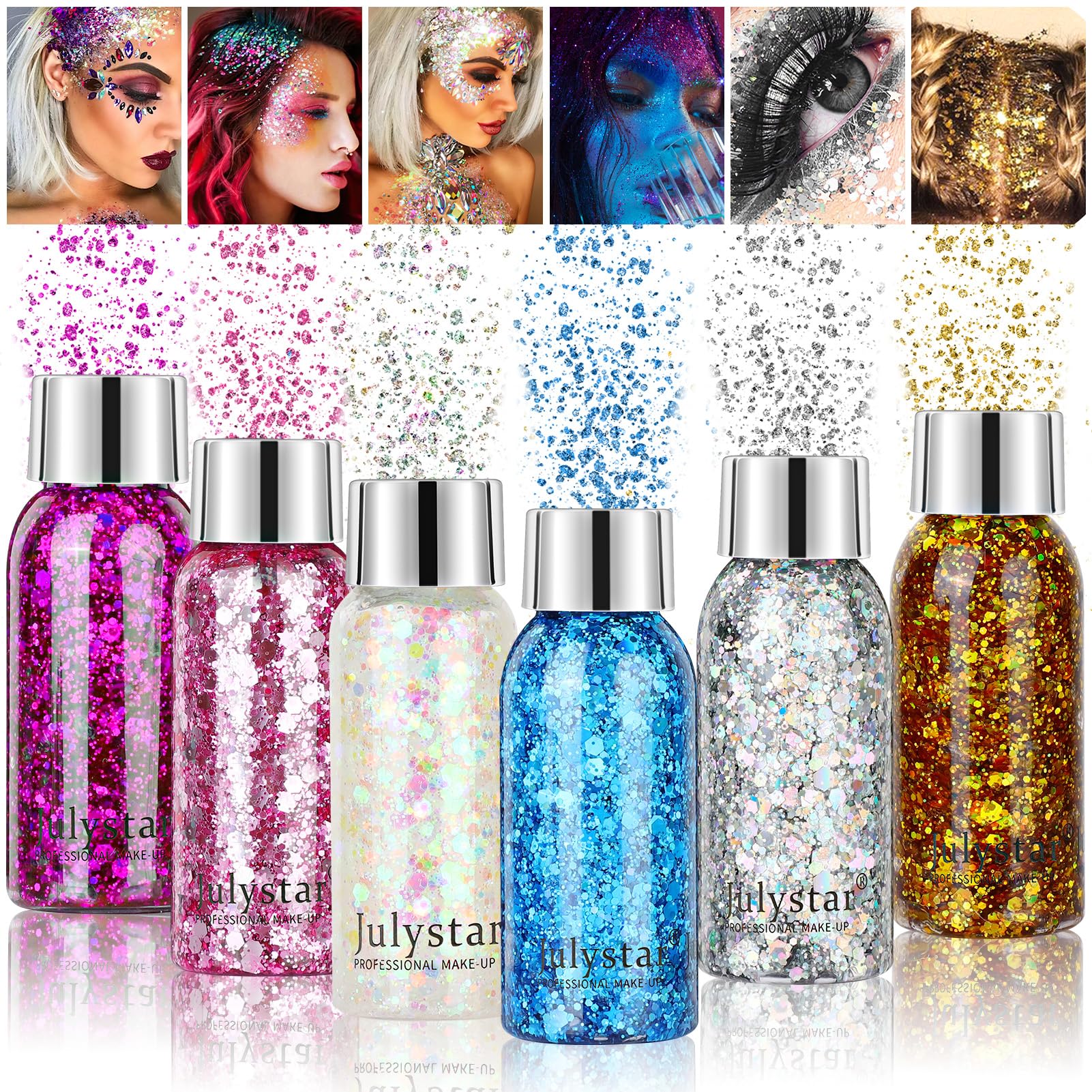 JOLIGAEA 6 Bottle Glitter Face & Body Gel Set - Shimmer Sequins for Mermaid, Festival, Party, Christmas & Easter Makeup - Perfect for Face, Body & Nail Art Decoration