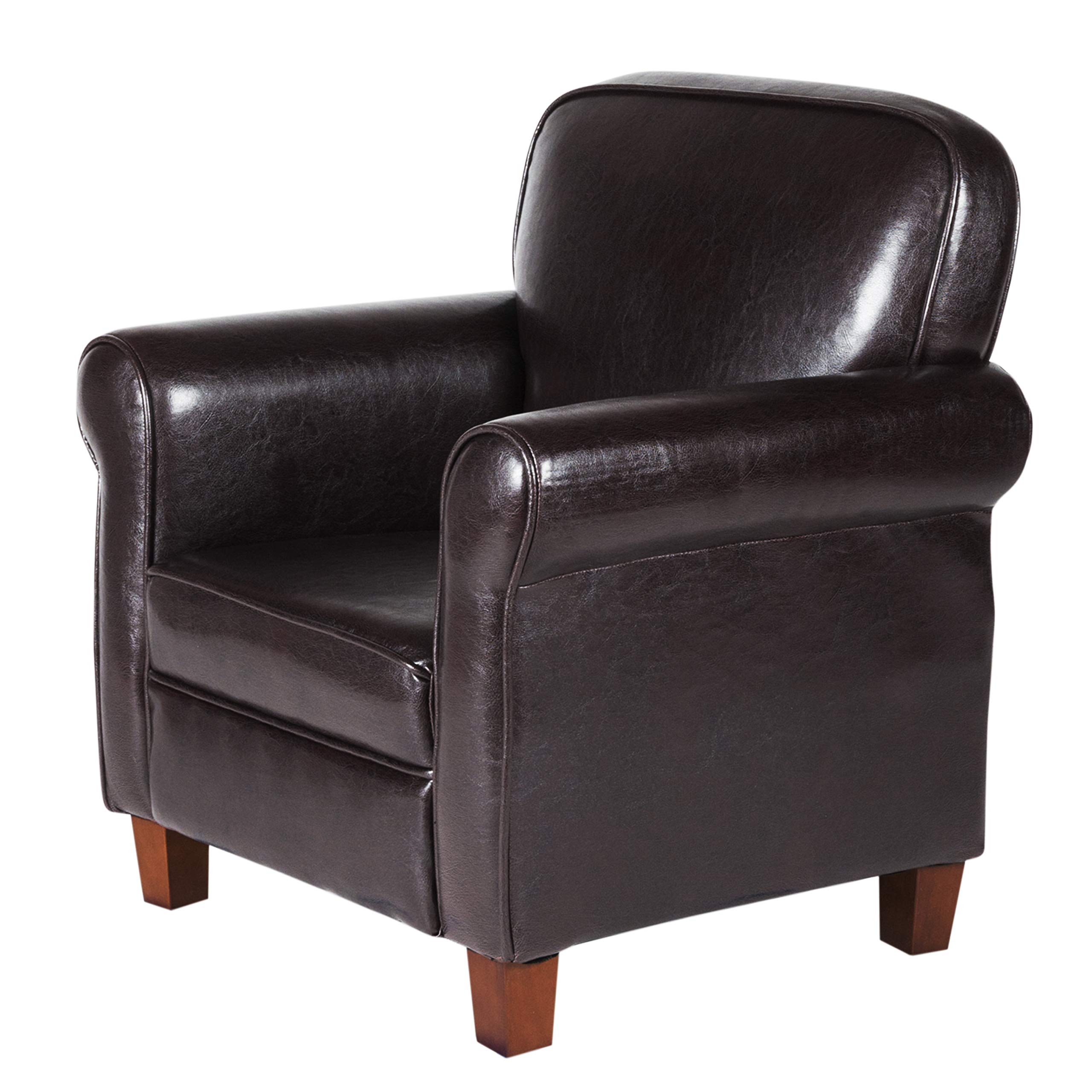 HomePop Youth Leatherette Club Chair in Dark Brown - Modern PU Leather Accent Chair for Teen Bedroom, Dorm Room or Lounge Area
