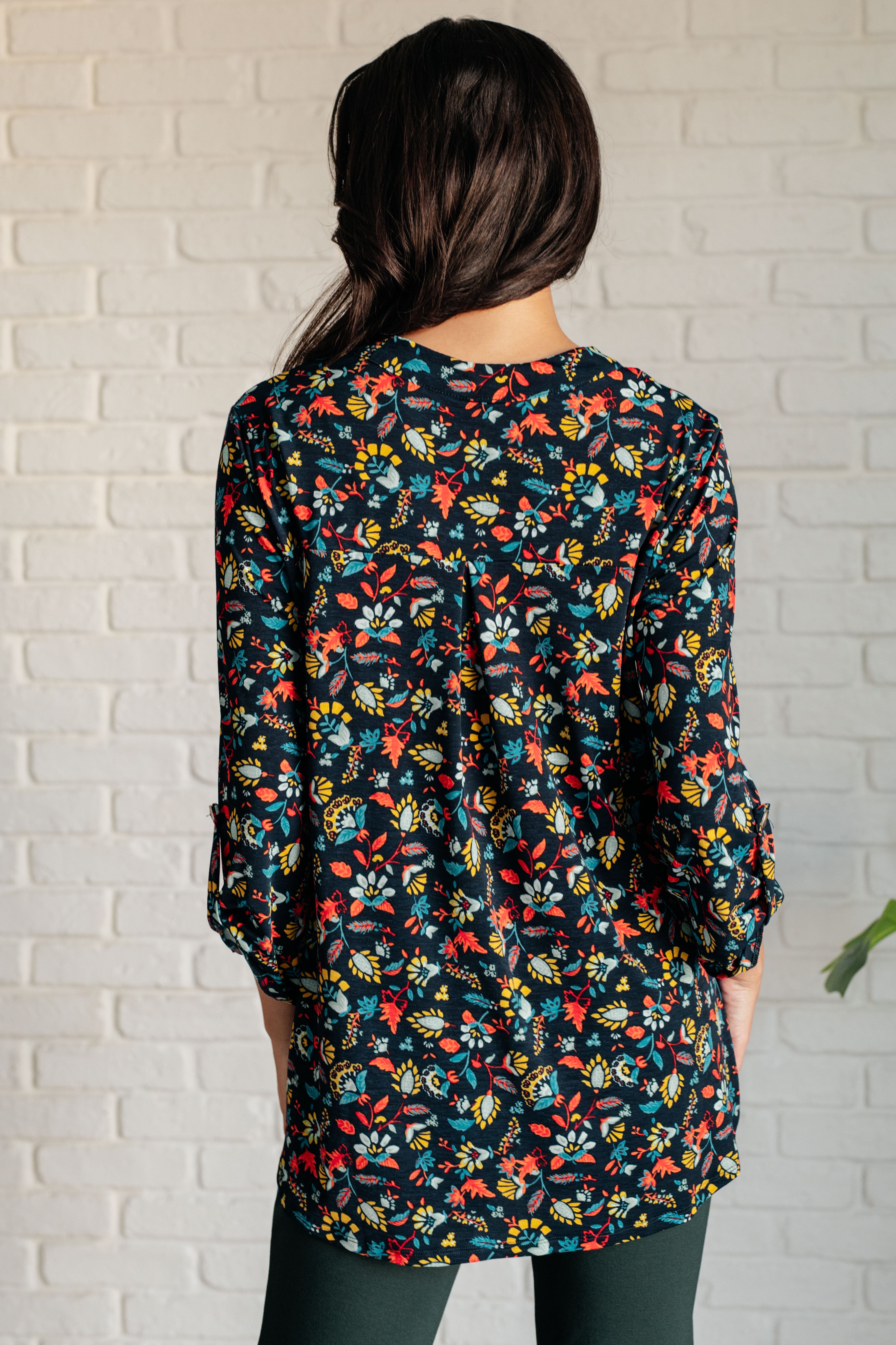 Lizzy Women's Floral Print Top in Navy & Teal - Casual Short Sleeve Blouse for Summer Outfits, Date Night & Office Wear