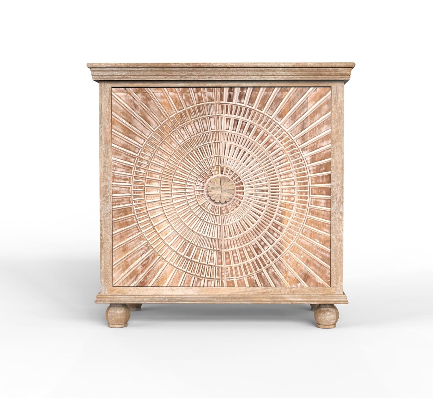 Premium Solid Mango Wood Sunburst Carving Sideboard - Farmhouse Style White Buffet Cabinet for Dining Room, Living Room & Entryway Storage | Corsica Rising Small Collection
