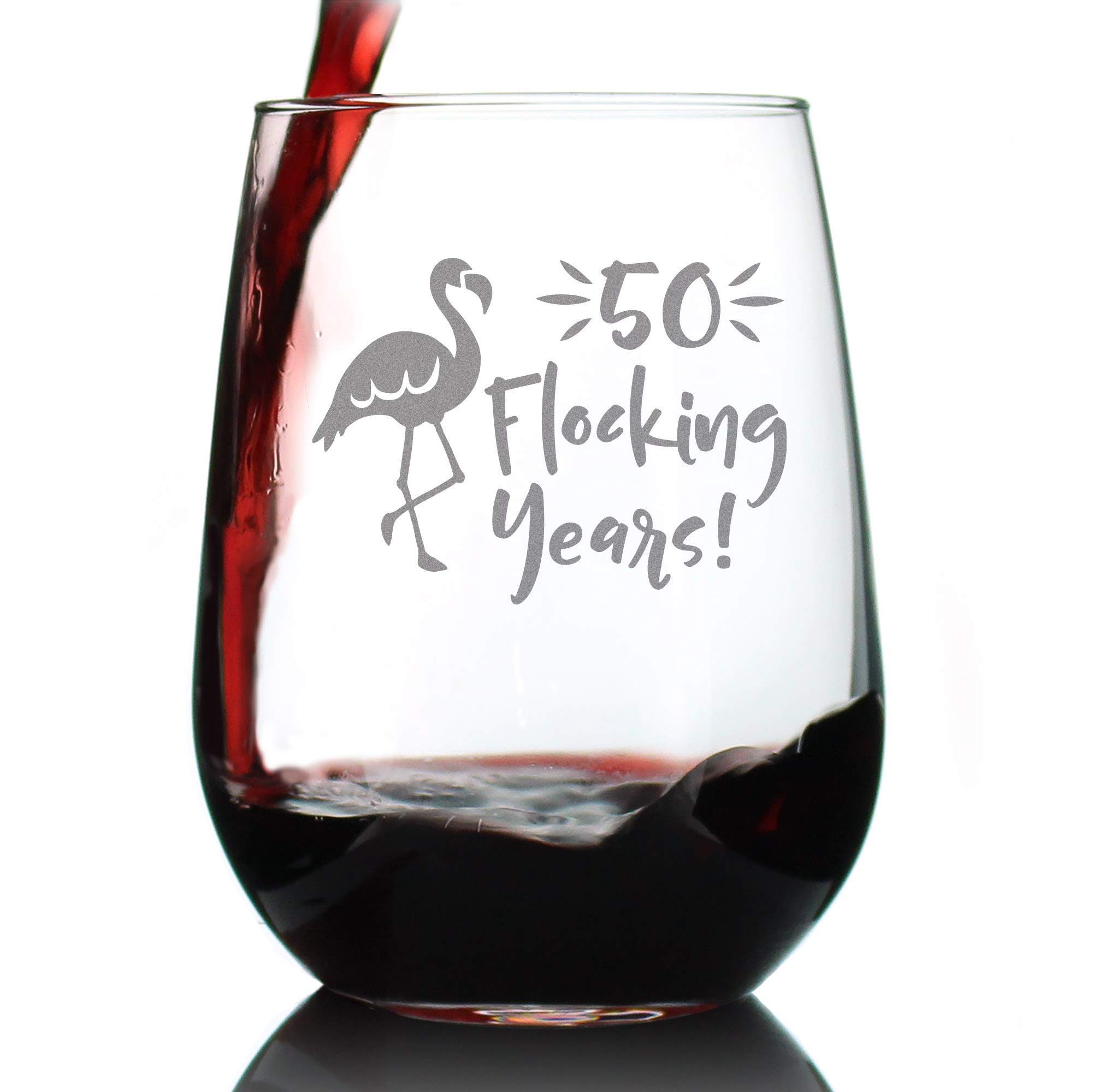 50 Flocking Years - Funny Flamingo Stemless Wine Glass for 50th Birthday, Anniversary or Reunion Gift - Large 15oz Tumbler - Perfect for Pool Parties, Bachelorette Gifts & Tropical Themed Celebrations