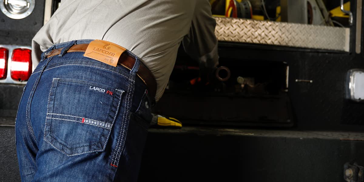 LAPCO FR Men’s Low Rise Flex Jeans - Flame Resistant Stretch Fit Work Pants, Medium Wash Denim for Construction & Industrial Safety