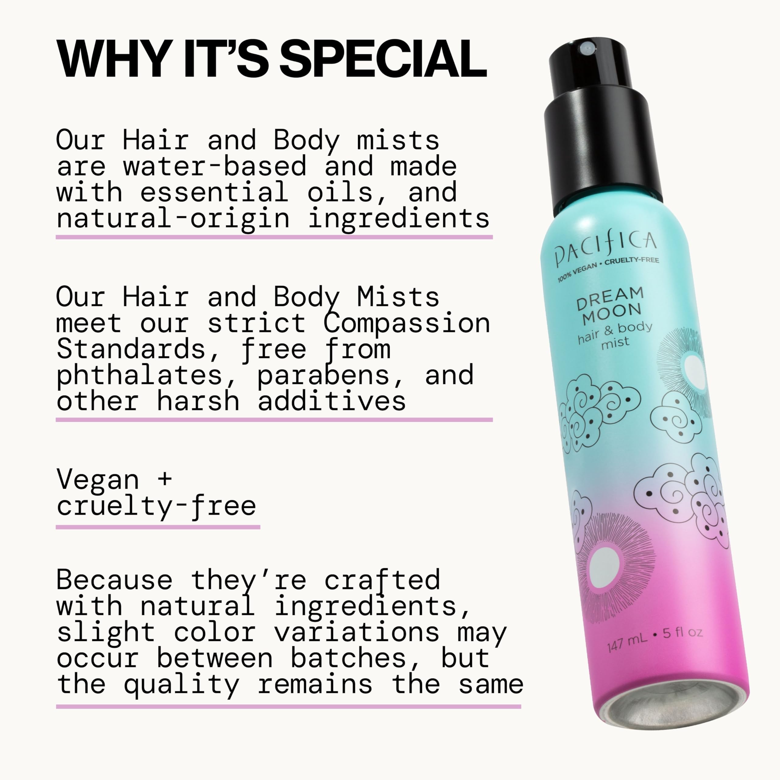 Pacifica Dream Moon Hair & Body Fragrance Spray - Bergamot, Pear, Pink Rose, Coconut, Vanilla, Sandalwood & Patchouli Scent | Alcohol-Free, Vegan, Cruelty-Free Perfume Mist (5 oz) - Perfect for Date Nights, Special Occasions & Everyday Wear