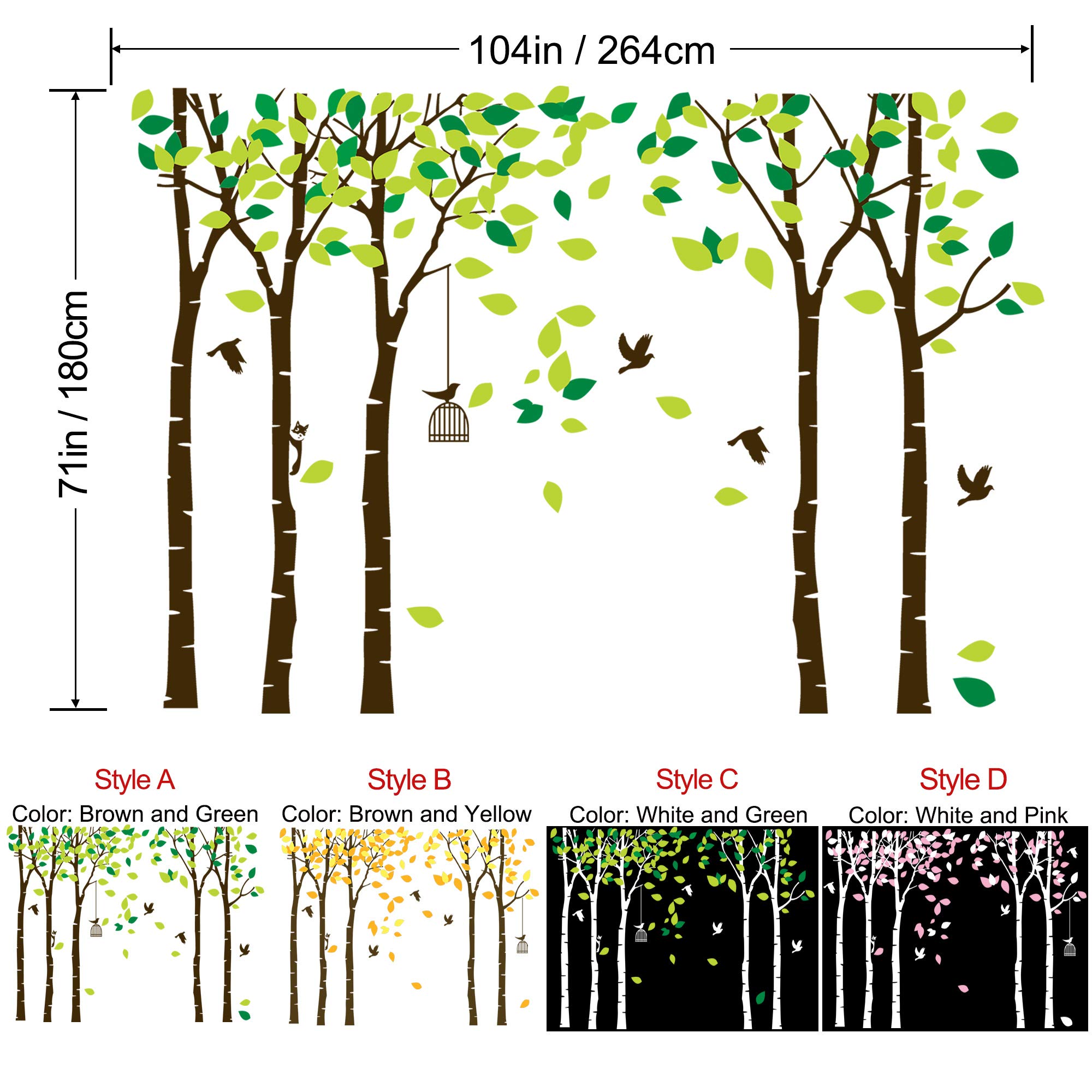 264 X 180cm Large Jungle Tree Wall Decal - Cartoon Family Forest Tree Removable Sticker with Green Leaves & Flying Birds - DIY Wall Mural for Kids Bedroom, Nursery, Living Room & Office Decor | Perfect for Nature-Themed Rooms & Play Areas