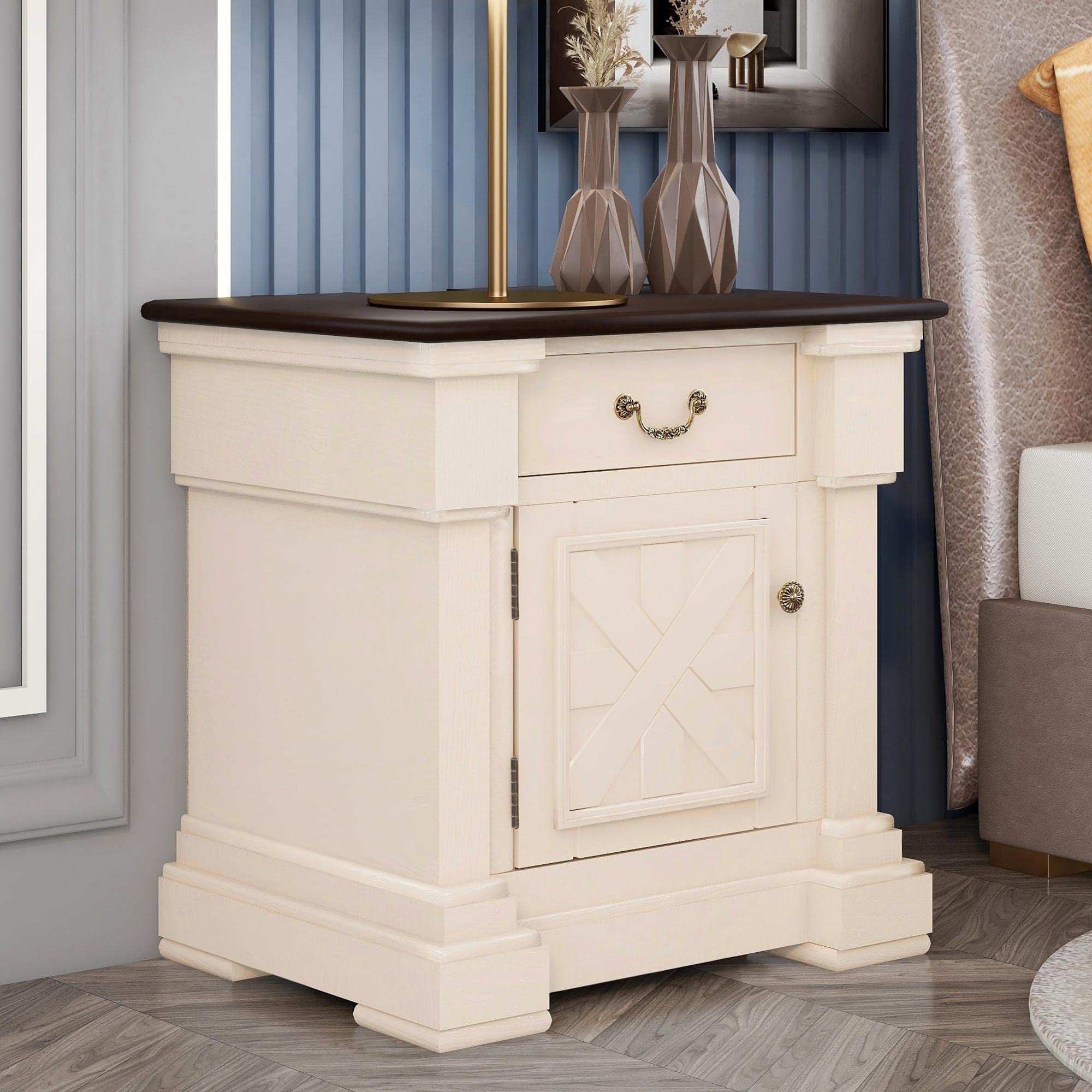 Antique White Nightstand with Drawer & Cabinet - USB Charging Bedside Table for Bedroom & Living Room - Perfect for Small Spaces, Apartment Decor & Modern Home Furniture