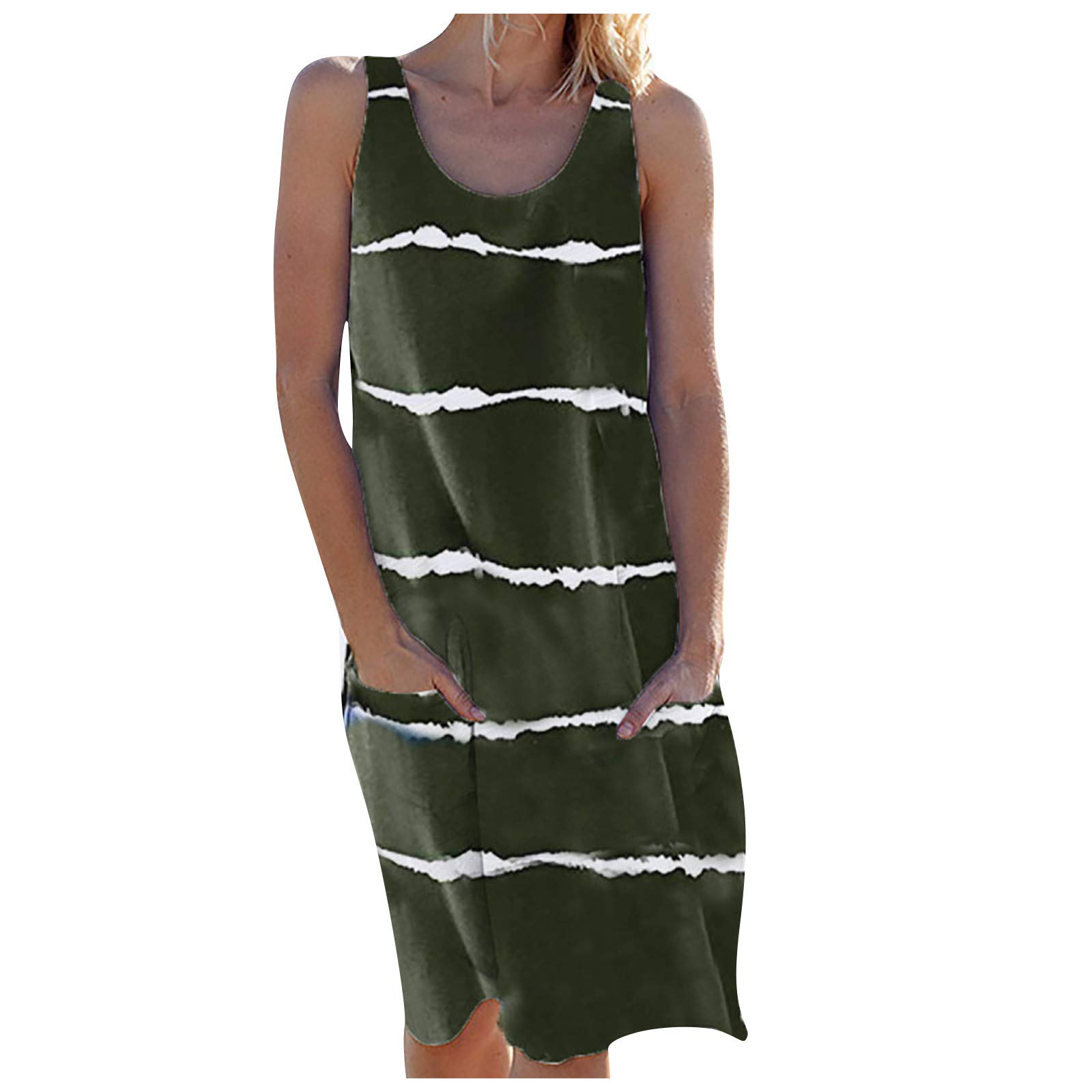 Women's Casual Sleeveless Striped Dress with Pockets - Knee-Length Straight Summer Beach Dress for Women | Perfect for Vacation, Poolside & Outdoor Activities