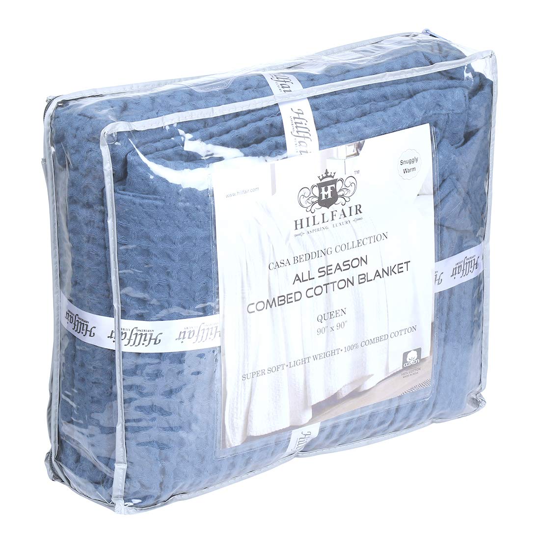 HILLFAIR 100% Combed Cotton Queen Size Blanket – Soft, Breathable, Lightweight All-Season Bed Blanket – Waffle Weave Home Decor – Blue Queen Bed Cover for Cozy Sleep & Stylish Bedroom Decor