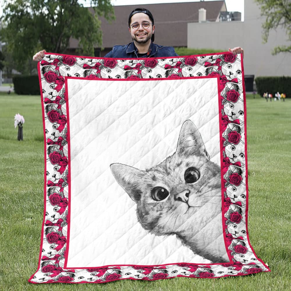 White Cat Blanket - Funny Cute Cat Staring at You - Soft Quilt Blanket for Cat Lovers (90x110 inches) - Perfect for Sofa, Bed & Home Decor Gift