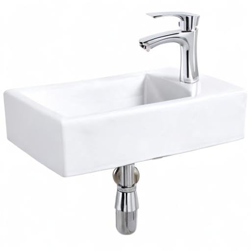 Bokaiya 18 Inch White Porcelain Corner Bathroom Sink with Faucet & Drain - Wall Mount Small Rectangle Ceramic Vanity Sink (Right Hand) - Perfect for Small Bathrooms, Powder Rooms & Space-Saving Designs