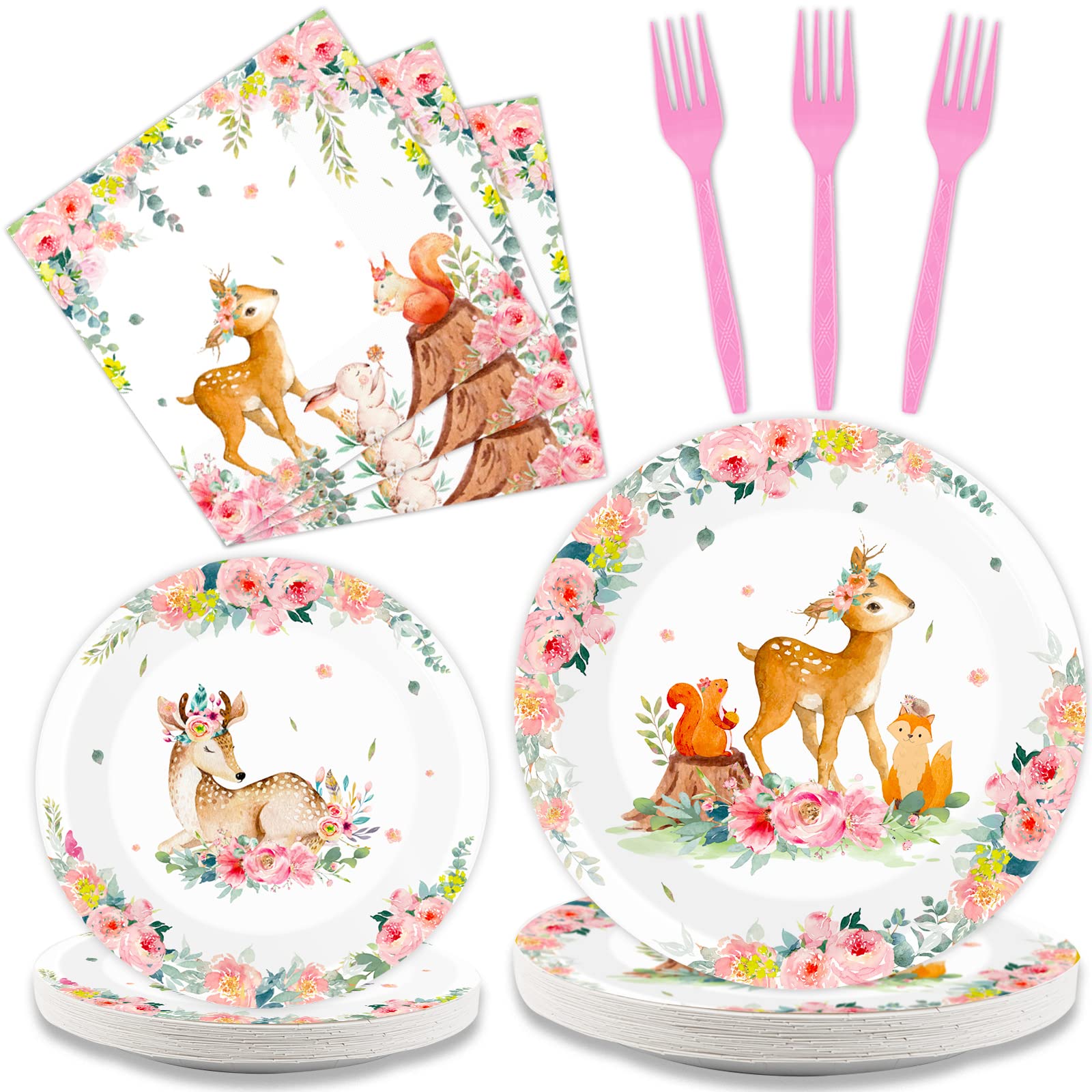 96PCS Pink Woodland Baby Shower Tableware Set - Disposable Plates, Napkins & Forks for Girls Safari Party - Forest Animal Deer Flower Theme Dinnerware for 24 Guests - Perfect for Baby Showers, Birthday Parties & Gender Reveals