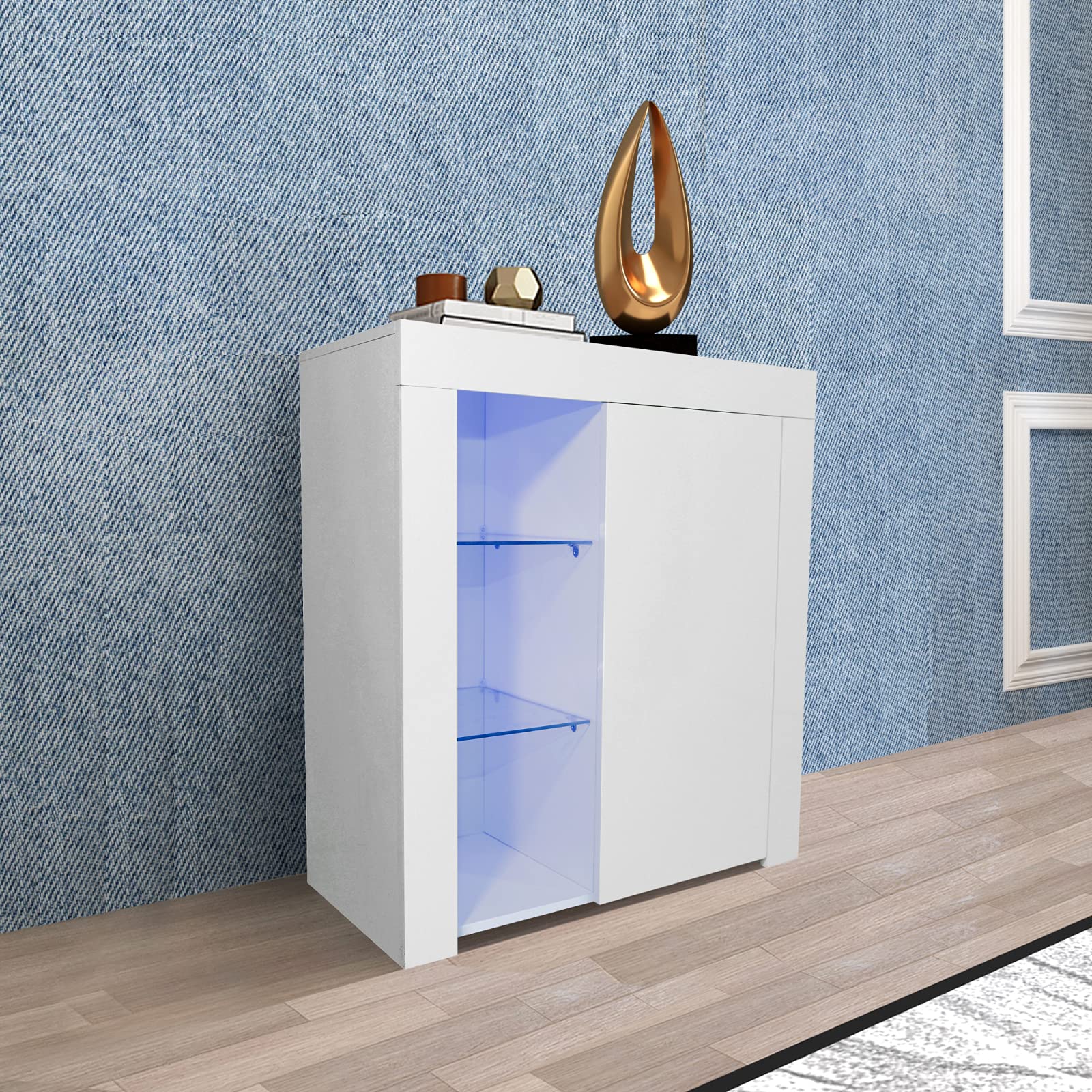 PovKeever Modern Sideboard Cabinet with LED Lights - High Gloss Free Standing Storage Unit with Glass Door & Open Shelf - Buffet Cabinet for Bathroom, Entryway, Kitchen (Ivory White) - Perfect for Home Decor, Dining Room Storage & Small Space Organization