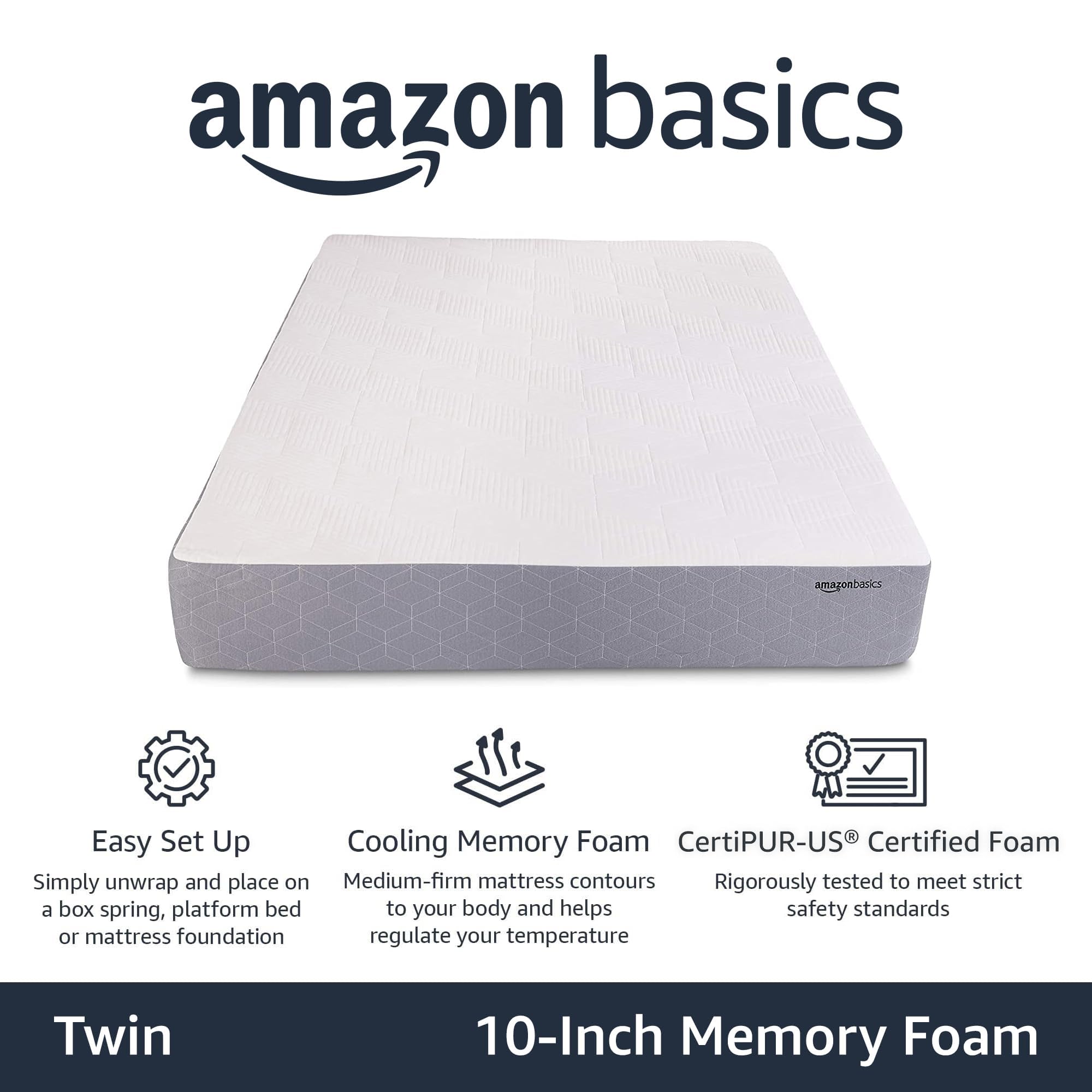 Amazon Basics Medium Firm Memory Foam Mattress with Cooling Gel - Twin Size (75