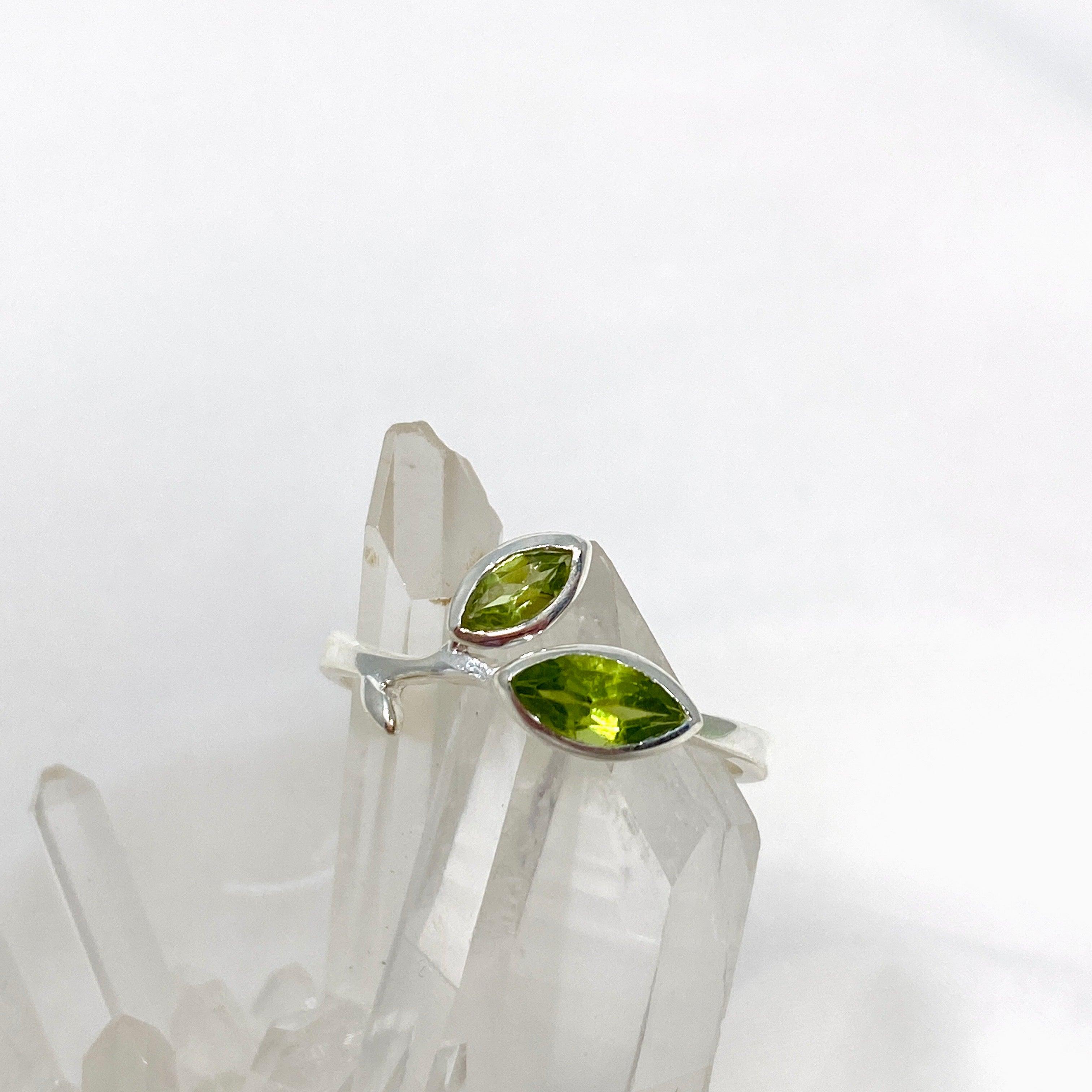Peridot Faceted Marquise Multistone Leaf Ring R3735 - Elegant Green Gemstone Jewelry for Women, Perfect for Weddings, Parties & Special Occasions