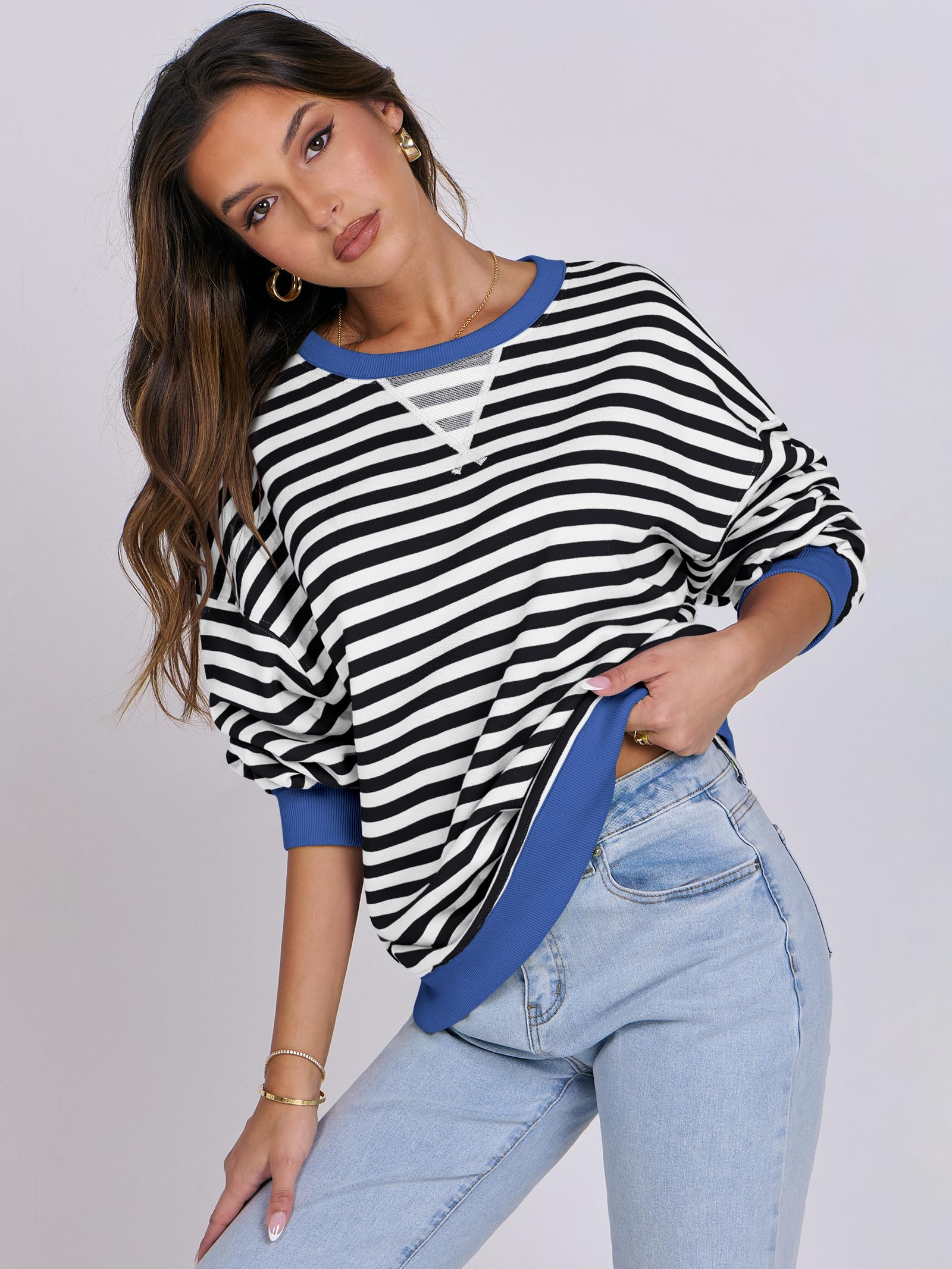 ANRABESS Women's Striped Oversized Sweatshirt - Long Sleeve Crewneck Pullover Sweater | Trendy Fall Fashion 2025 | Casual Outfit for Streetwear, Lounge & Coffee Dates