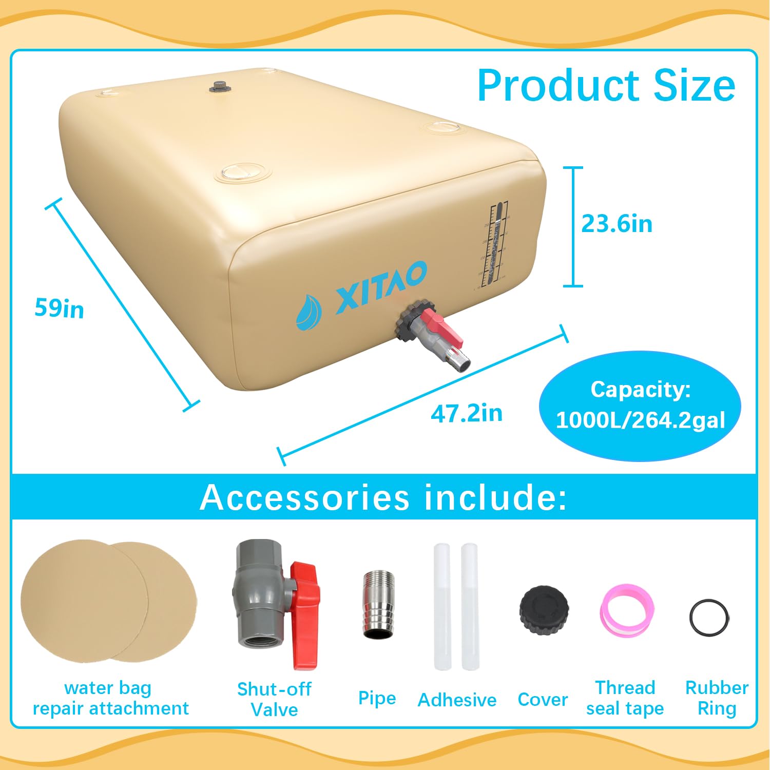 XITAO 264 Gallon (1000L) Portable Water Storage Bladder with Water Level Indicator - Large Capacity Foldable Emergency Water Tank for RV Camping, Fire Prevention, Irrigation & Outdoor Use