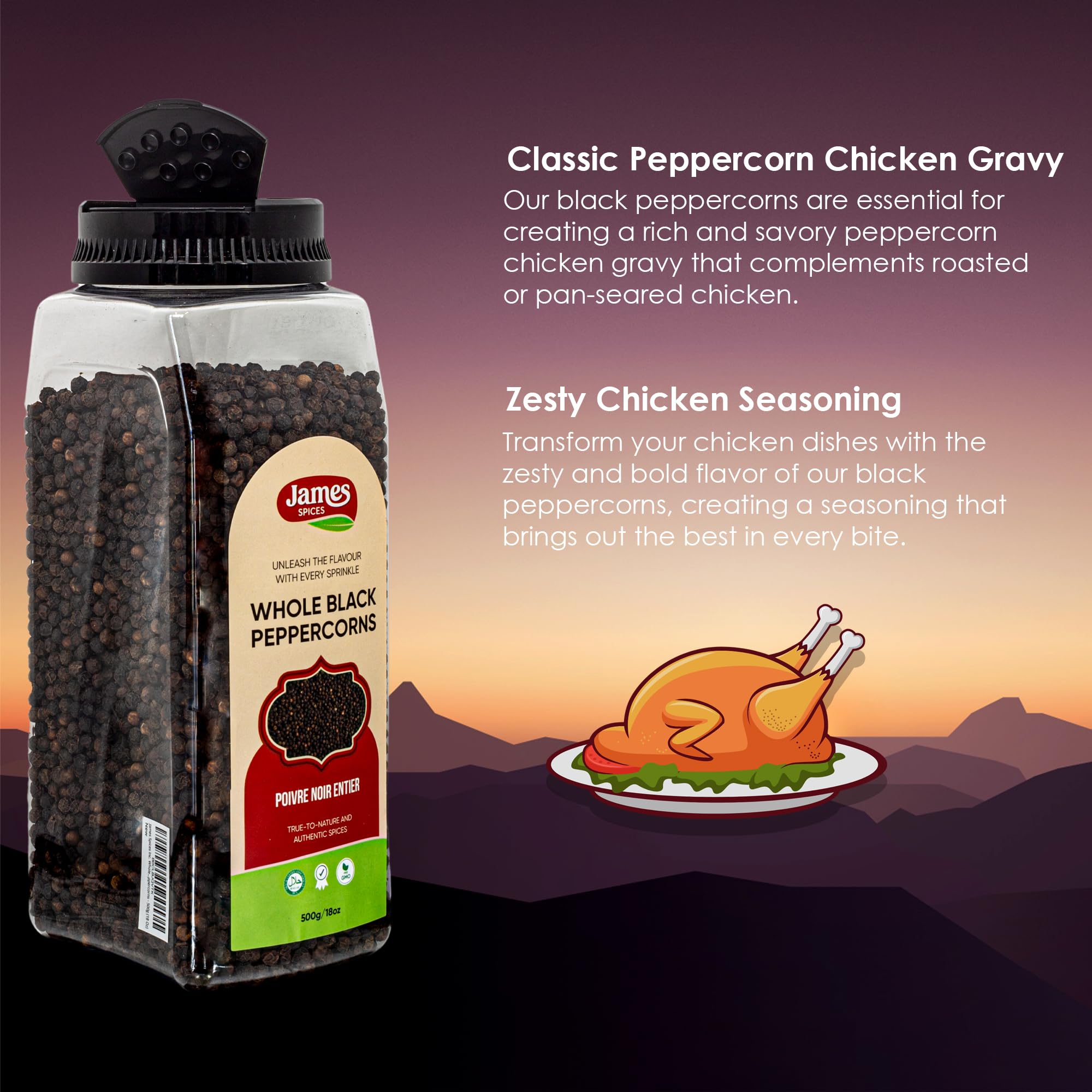 Premium Black Peppercorns by James Spices Inc. - 500g Bulk Whole Peppercorns for Cooking, Grilling & Seasoning - Gourmet Spice for Steak, Pasta & Soup