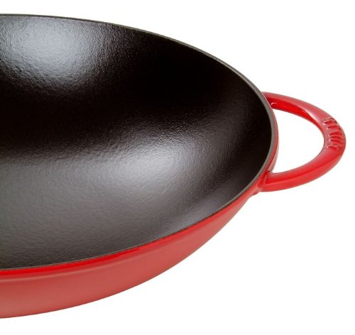 STAUB Cast Iron Wok with Glass Lid & Removable Grid, 14.6 Inch (37 cm) 5.7L Capacity, Cherry Red - Induction Compatible for Stir-Frying, Searing & Asian Cooking | Perfect for Home Chefs & Professional Kitchens