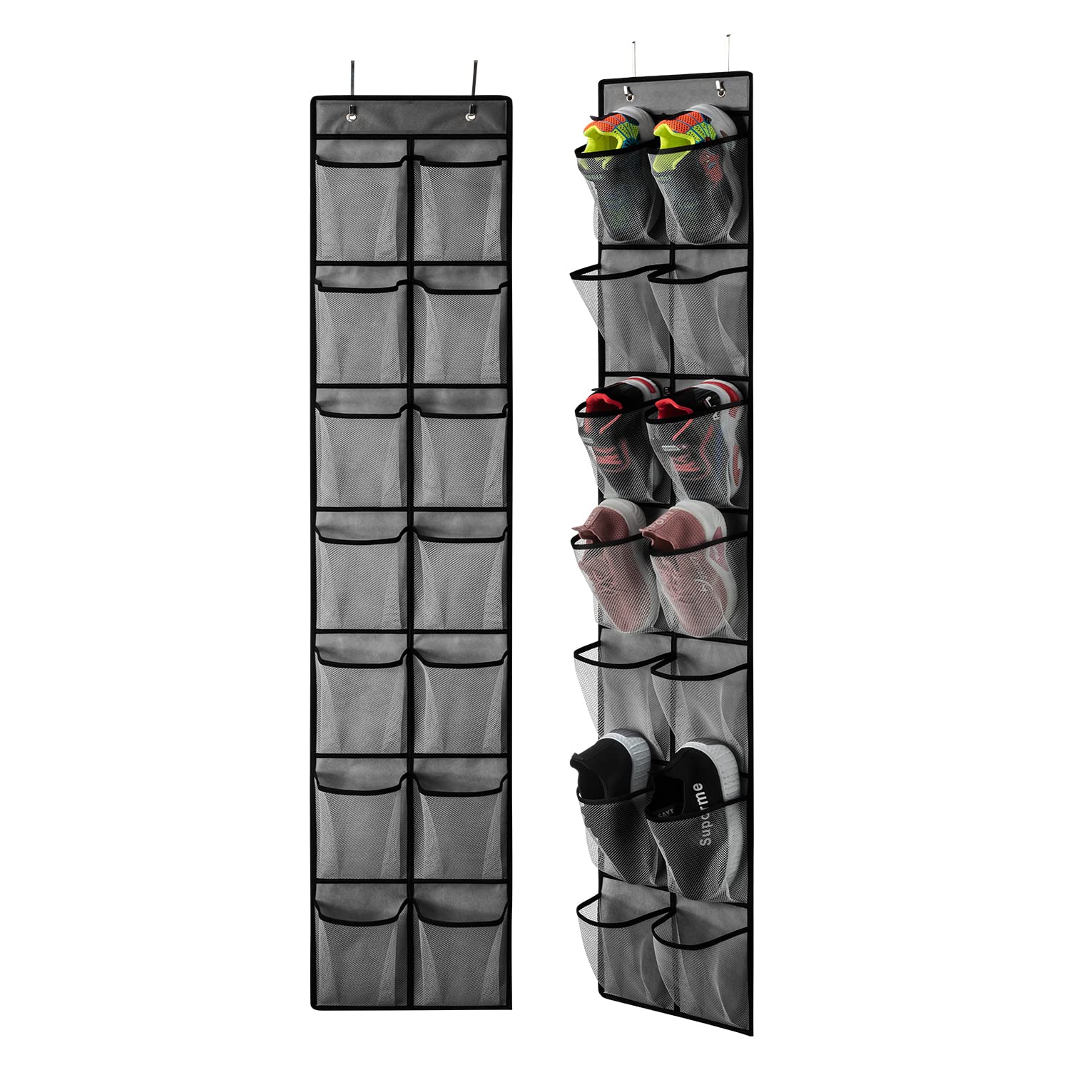 KEEPJOY Over The Door Shoe Organizer with 14 Deep Mesh Pockets & 4 Hooks - Space Saving Closet Storage for Shoes, Accessories & More (Grey, 2-Pack) - Perfect for Bedrooms, Closets, Dorms & Small Spaces