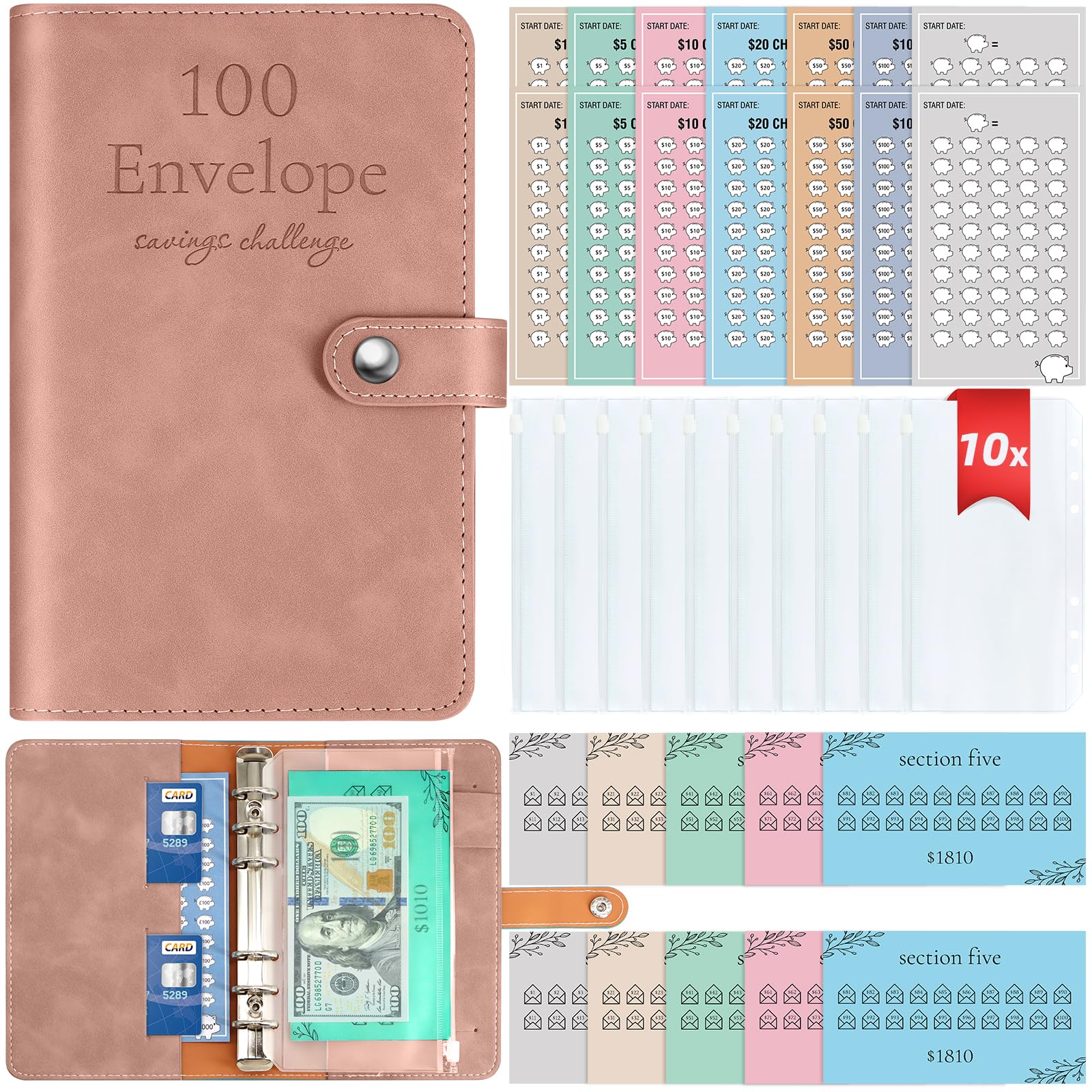 Premium A6 Budget Binder with Upgraded Cash Envelopes - Money Saving Organizer with 24 Trackers for $100 to $10,000 Savings Goals | Perfect for Cash Envelope System, Financial Planning & Personal Finance Management at Home or Office