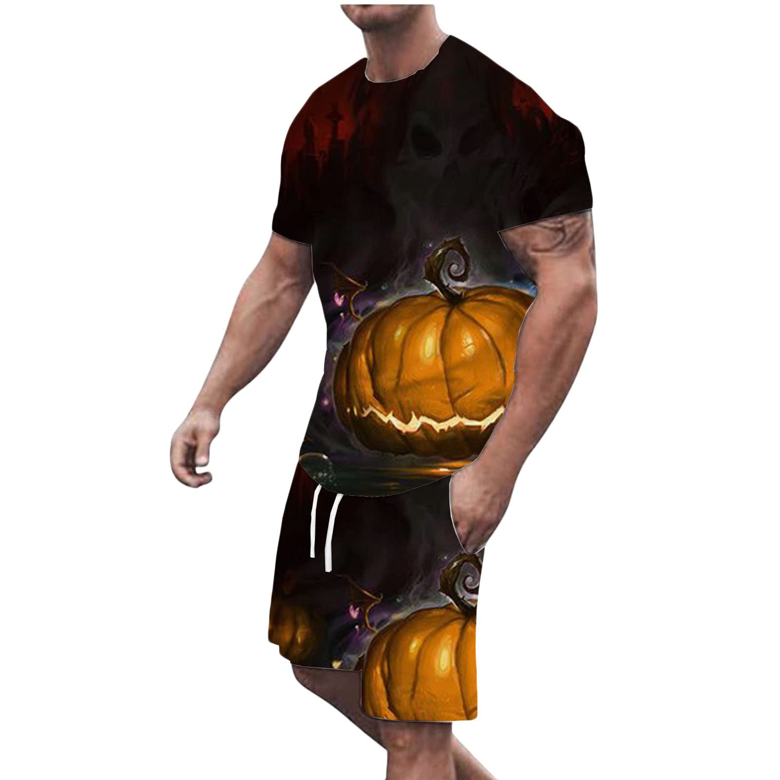 2-Piece Halloween Tracksuit for Men - Funny Pumpkin Skull Print T-Shirt & Shorts Set | Casual Gym Jogger Sport Suit | Sweatsuit for Halloween Parties, Costume Events & Workout