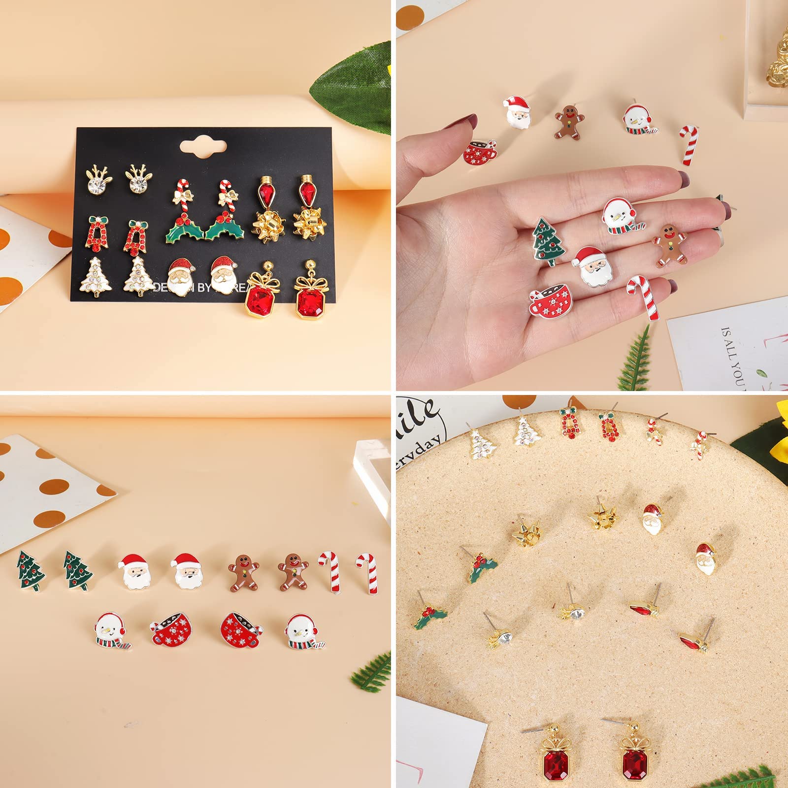 Christmas Earrings for Women - Cute Holiday Stud Earrings Set with Christmas Tree, Bow, Santa, Elk, Snowman & Candy Designs | Perfect Christmas Jewelry Gifts & Stocking Stuffers for Parties, Office Celebrations & Festive Outfits