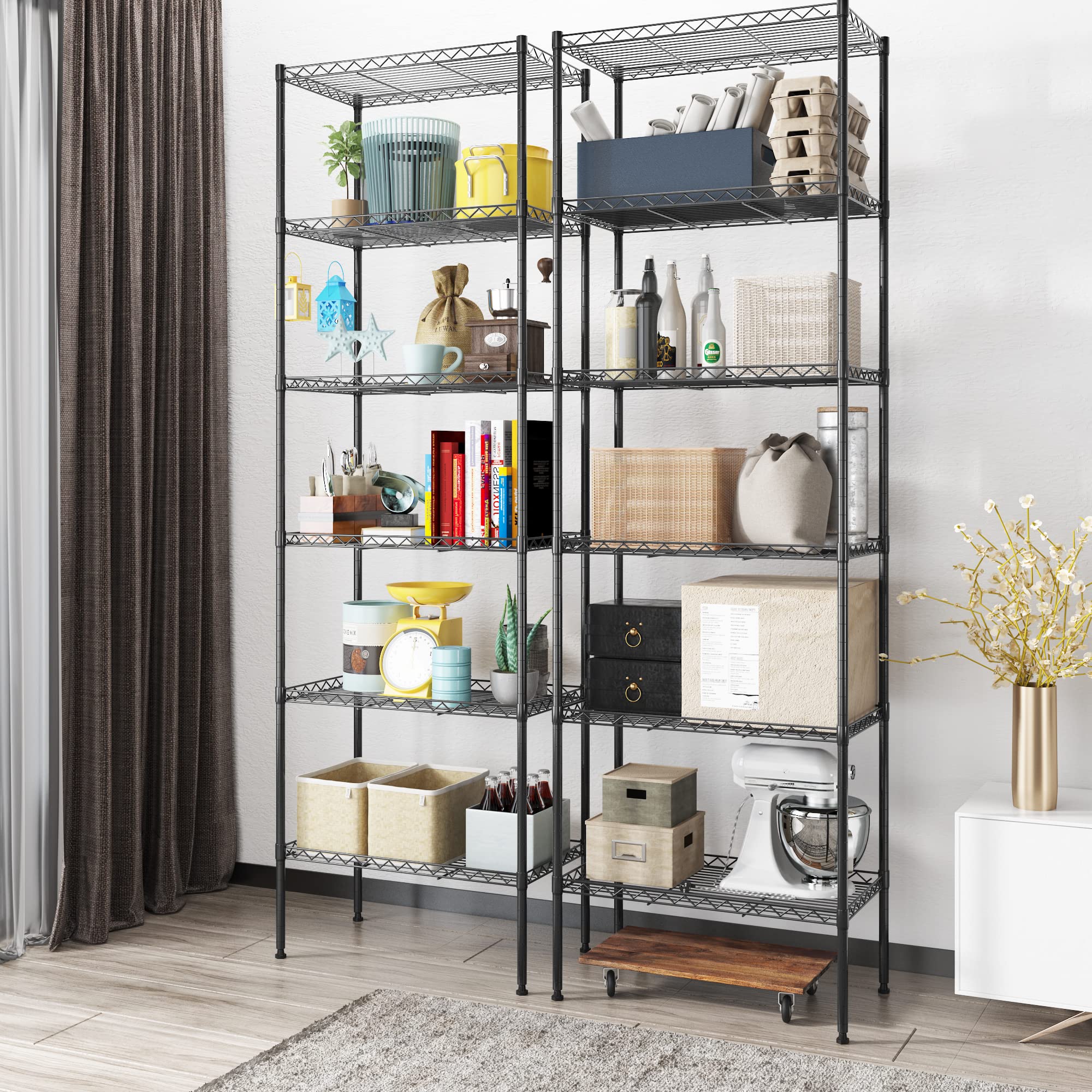 Himimi 6-Tier Adjustable Wire Storage Shelf - Free Standing Metal Shelving Unit with Leveling Feet & Stainless Hooks - Black (2-Pack) - Perfect for Laundry Room, Bathroom, Kitchen Pantry & Closet Organization